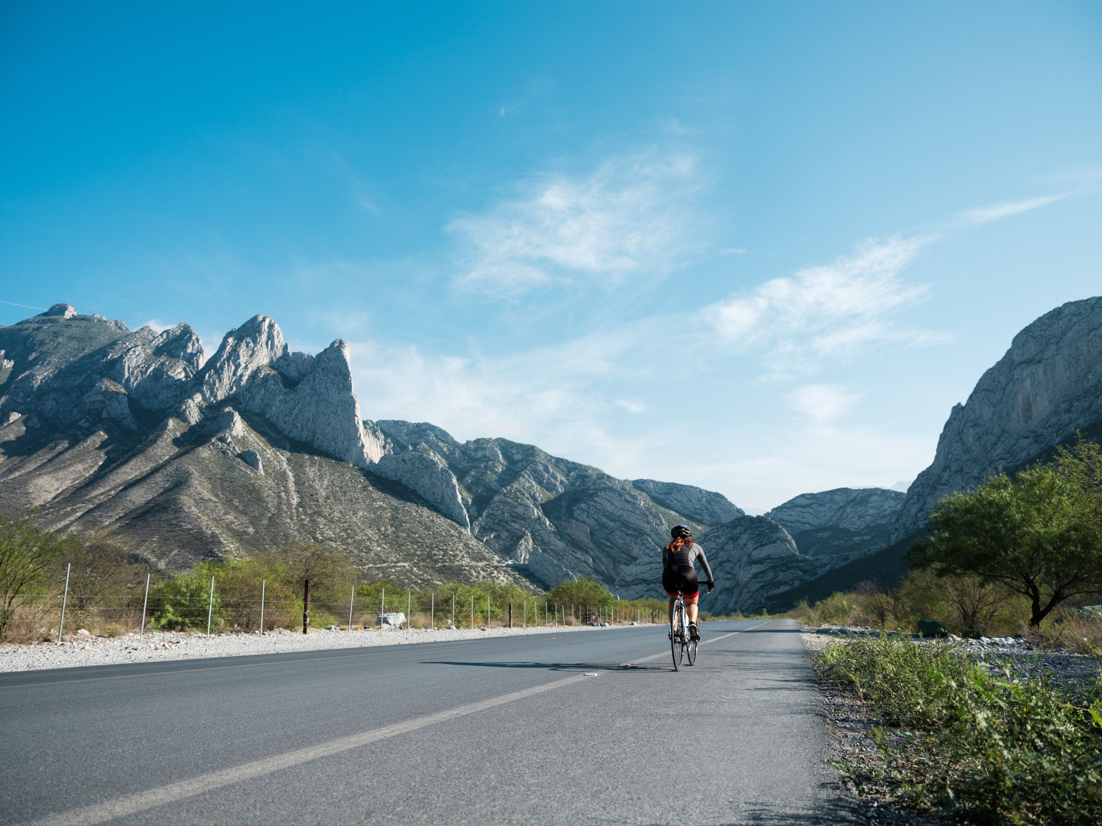 Nice view of some mountains and a blue sky with the back view of a cyclist on the road.