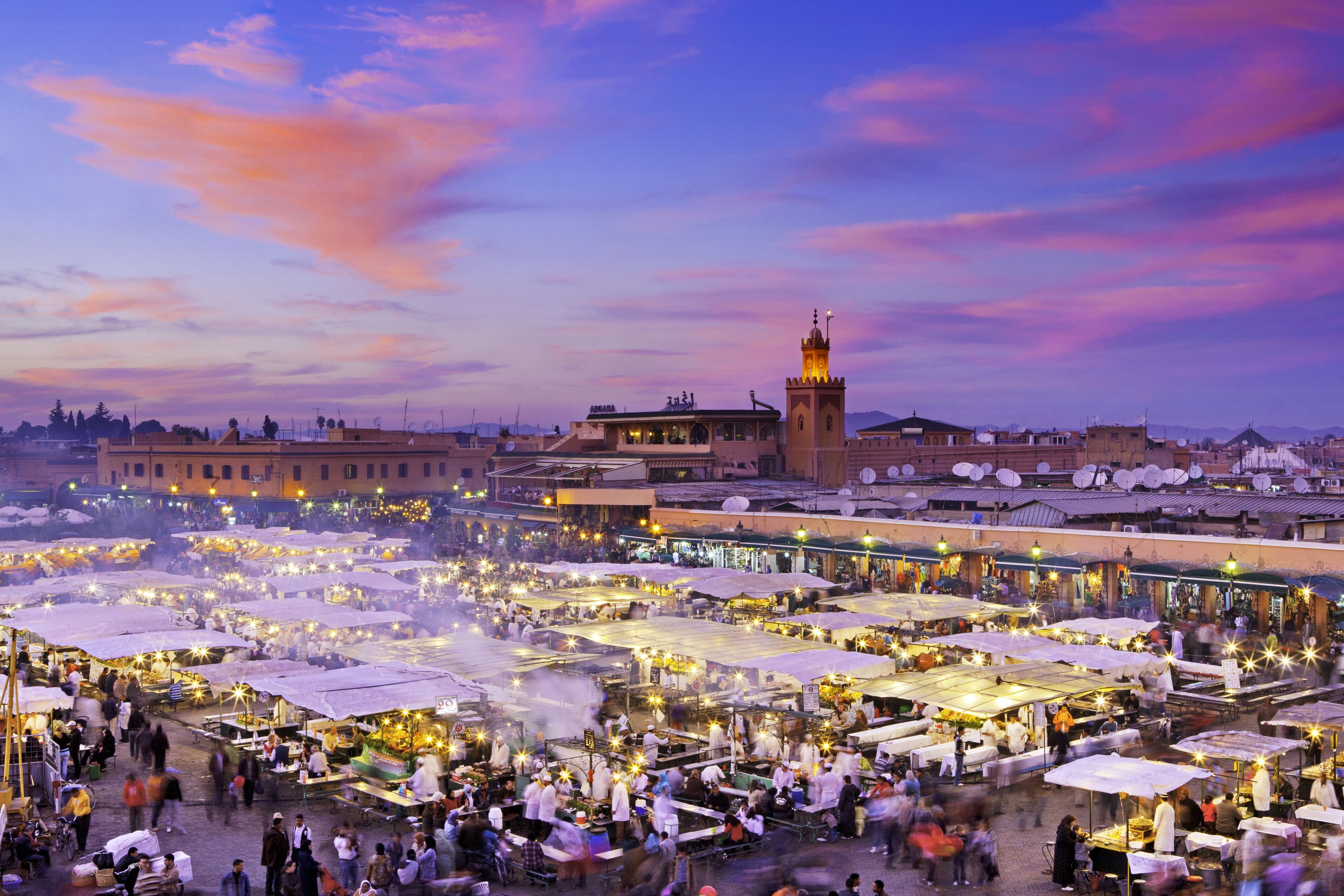 Morocco, Marrakesh, Djemaa el-Fna Square. Djemaa el Fna is a square and market place in Marrakesh's medina quarter (old city)