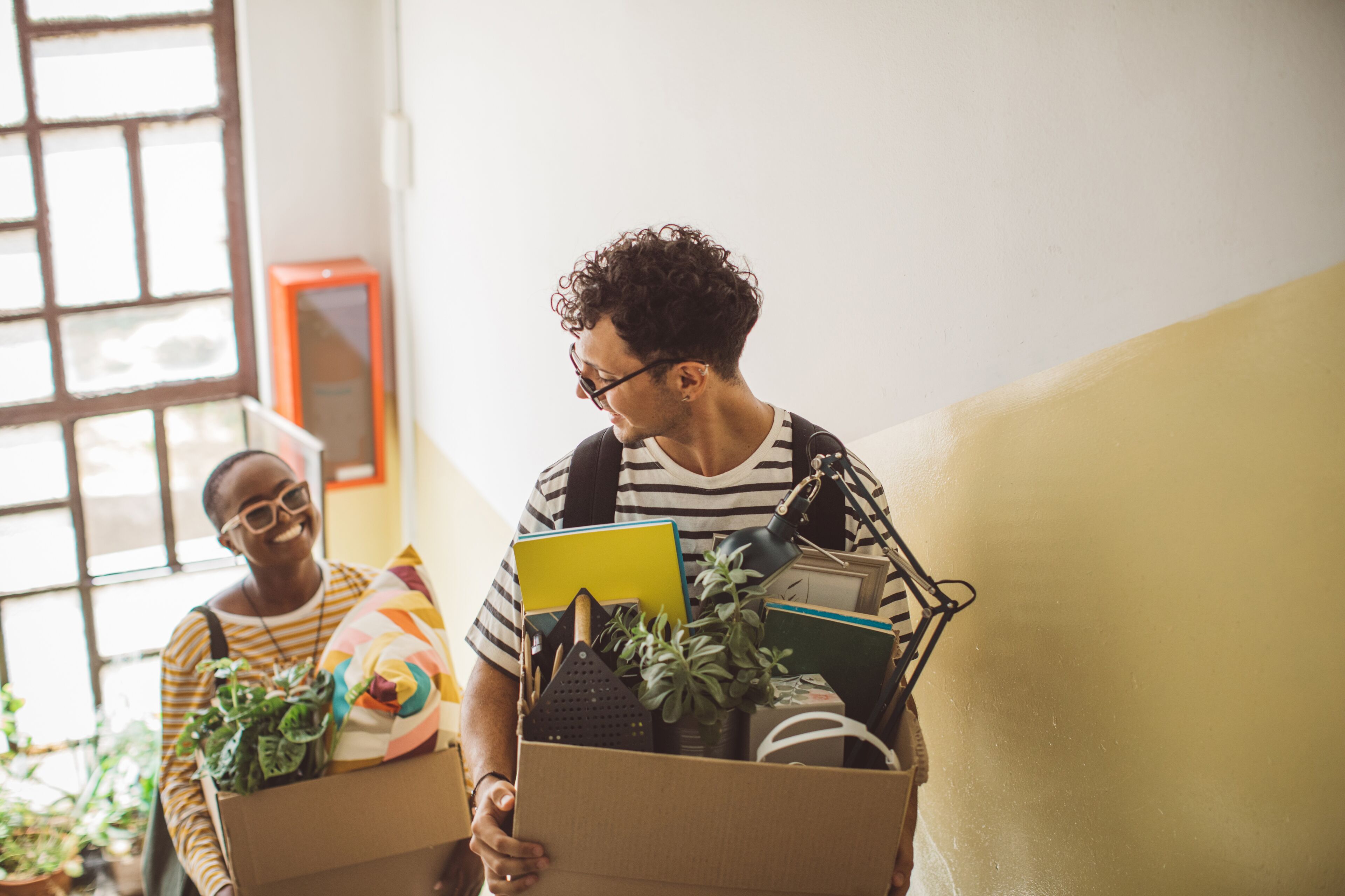 Two friends carry belongings in cardboard boxes along a sunlit stairway, preparing to move into a new home.