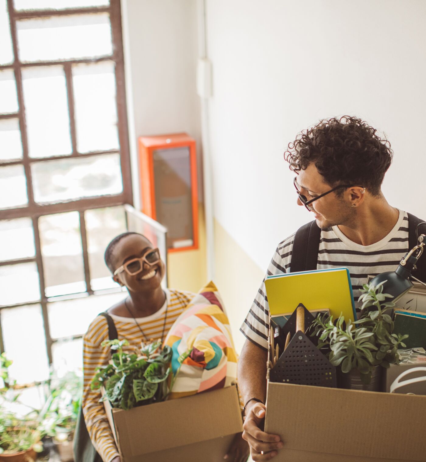 Two friends carry belongings in cardboard boxes along a sunlit stairway, preparing to move into a new home.