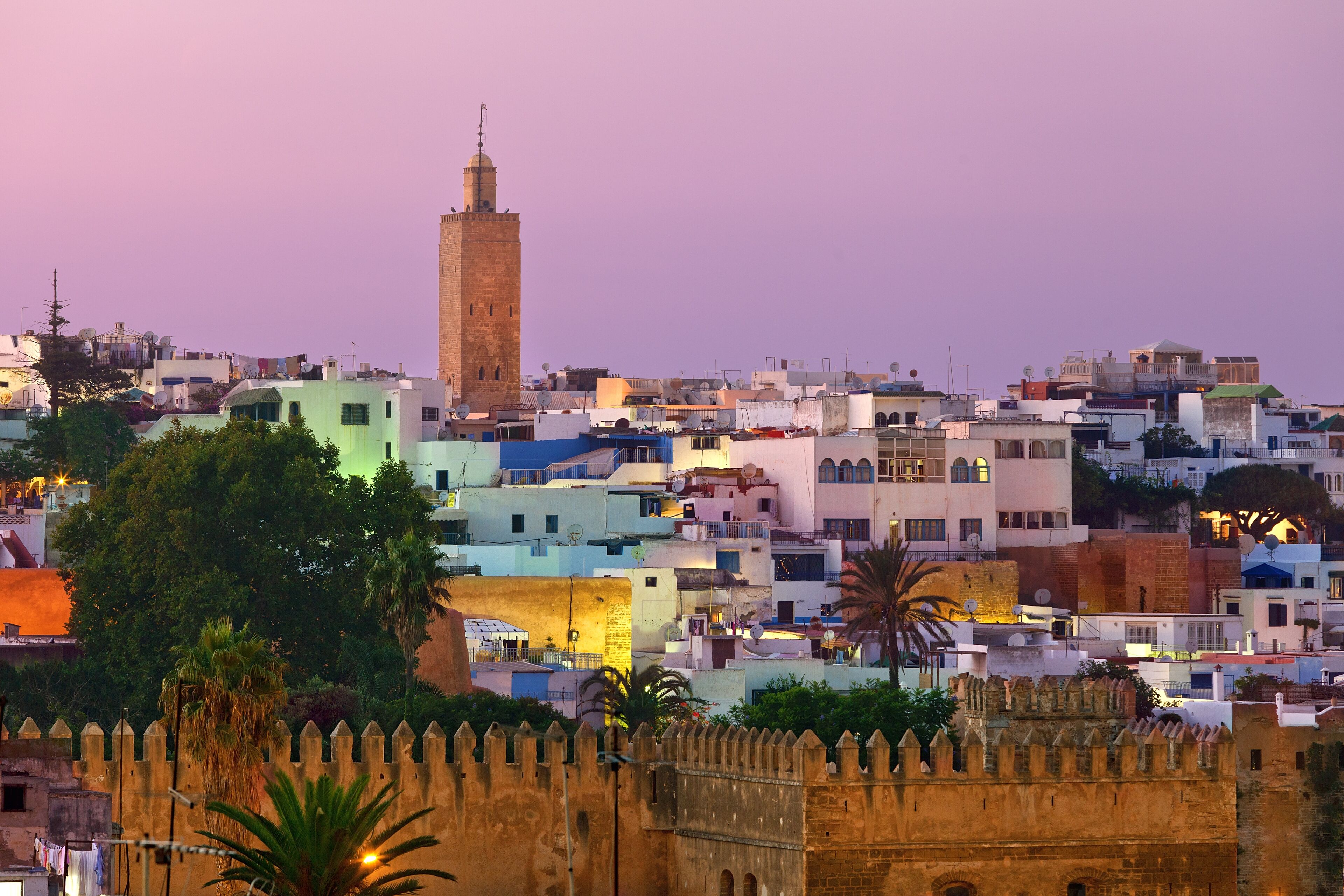 View of the Kasbah des Oudayas buildings at dusk. Africa, North Africa, Morocco, Rabat