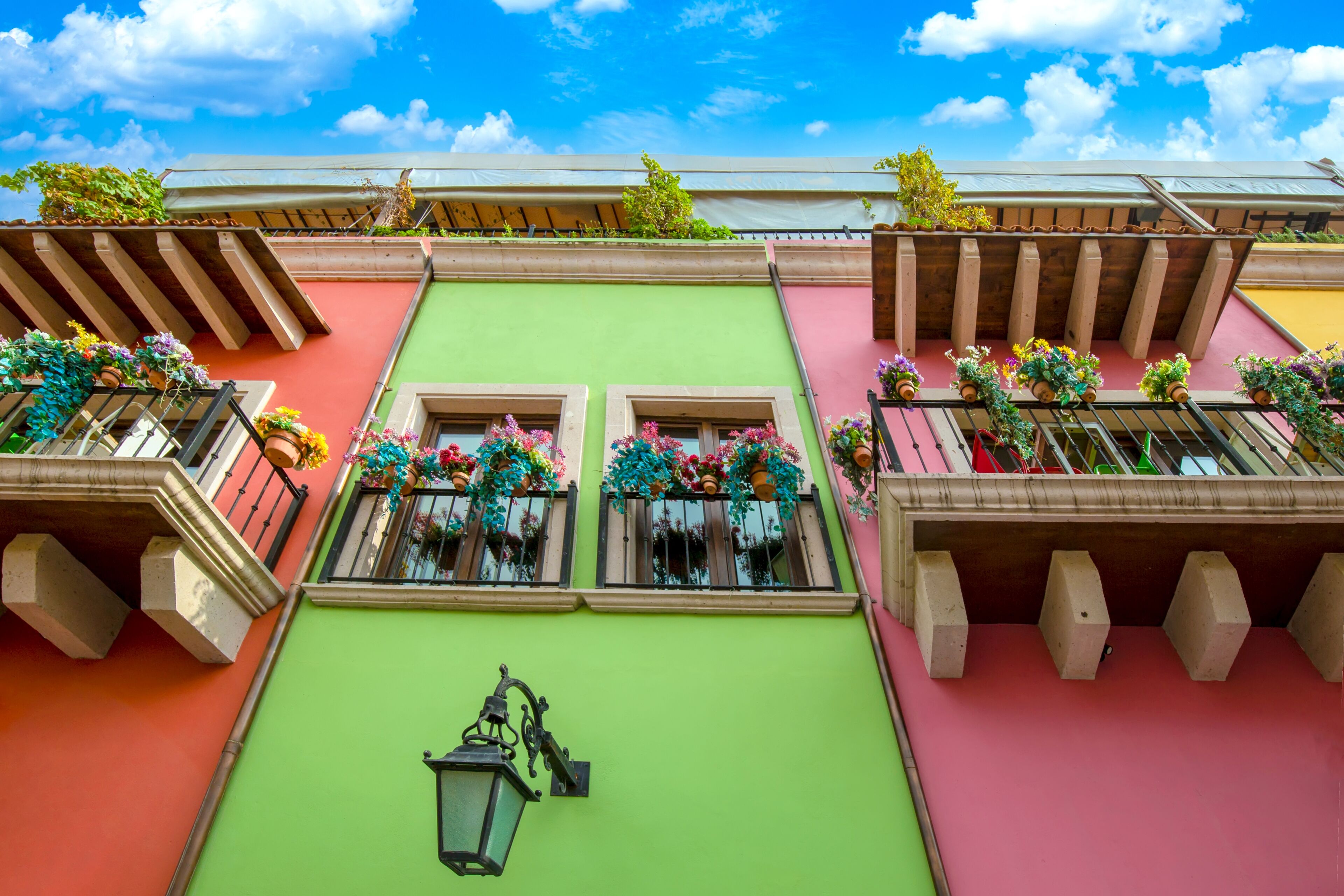 Mexico, Monterrey, colorful historic houses in Barrio Antiguo, a famous tourist attraction.