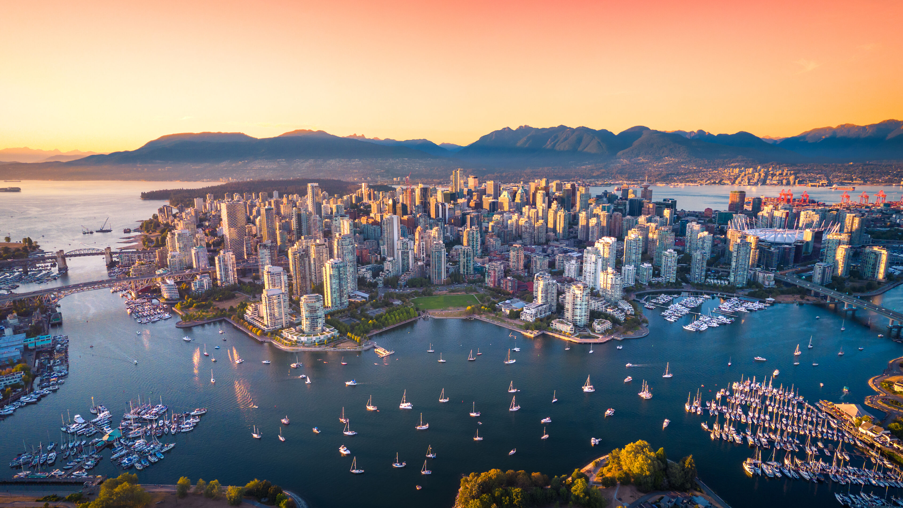 Beautiful aerial view of downtown Vancouver skyline, British Columbia, Canada at sunset