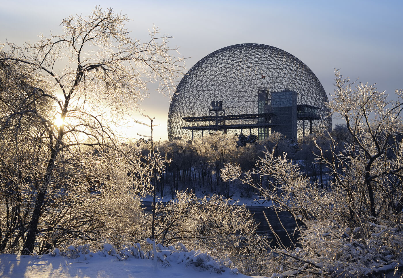 View of the metal sphere (biosphere) in winter after an ice storm Montreal (Quebec, Canada).