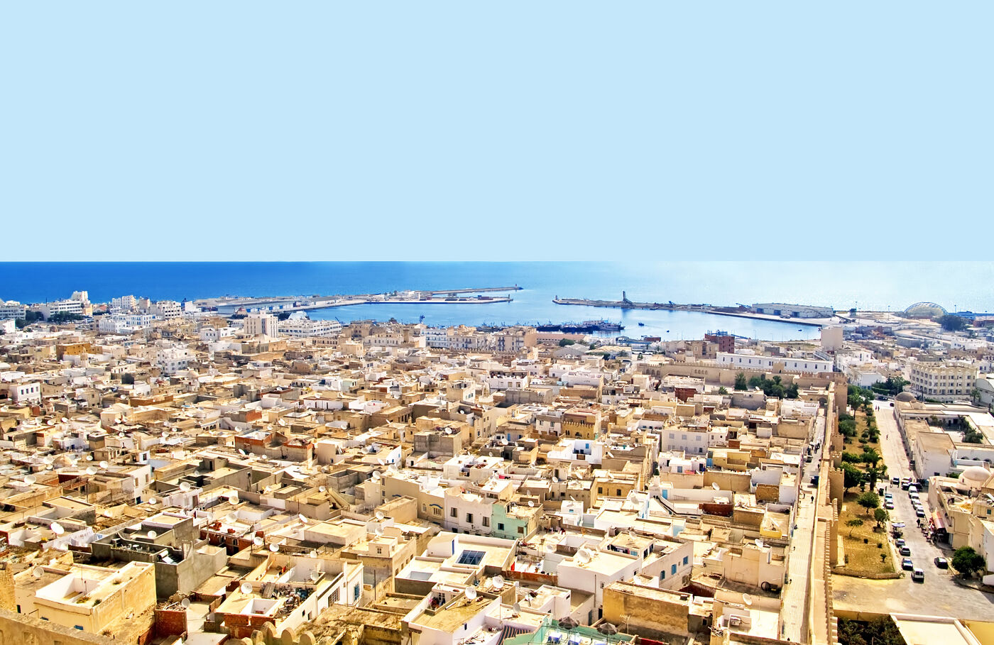 Aerial view from mediaval fortress that nowadays serves as the archaeological museum of Sousse, Tunisia, Africa