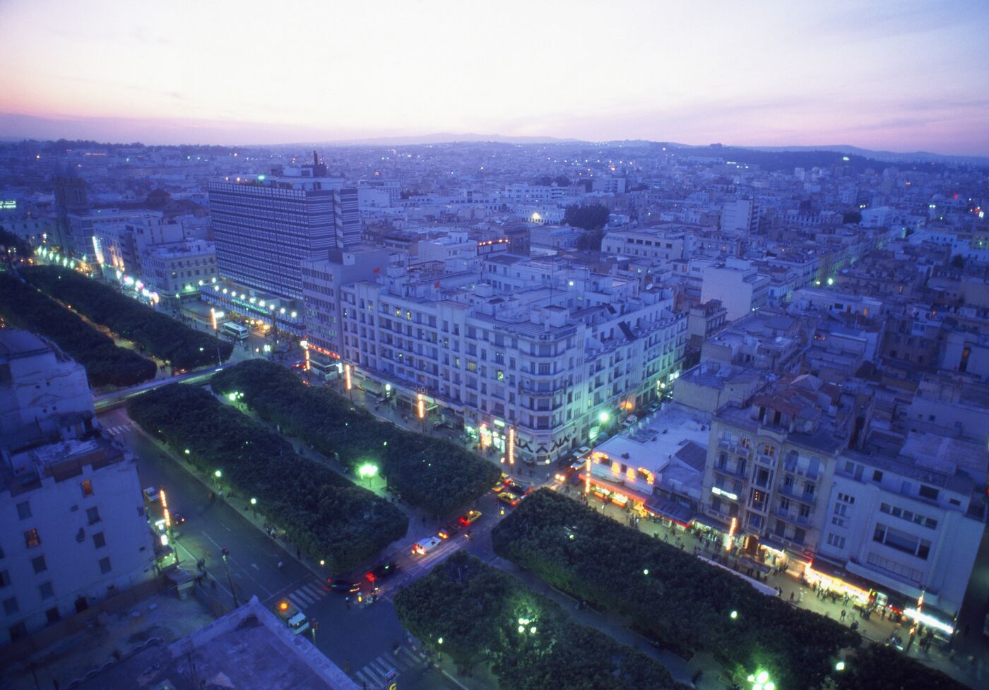 Tunisia, Tunis . Sky view of avenue de France and avenue Habib Bourguiba at sunrise.