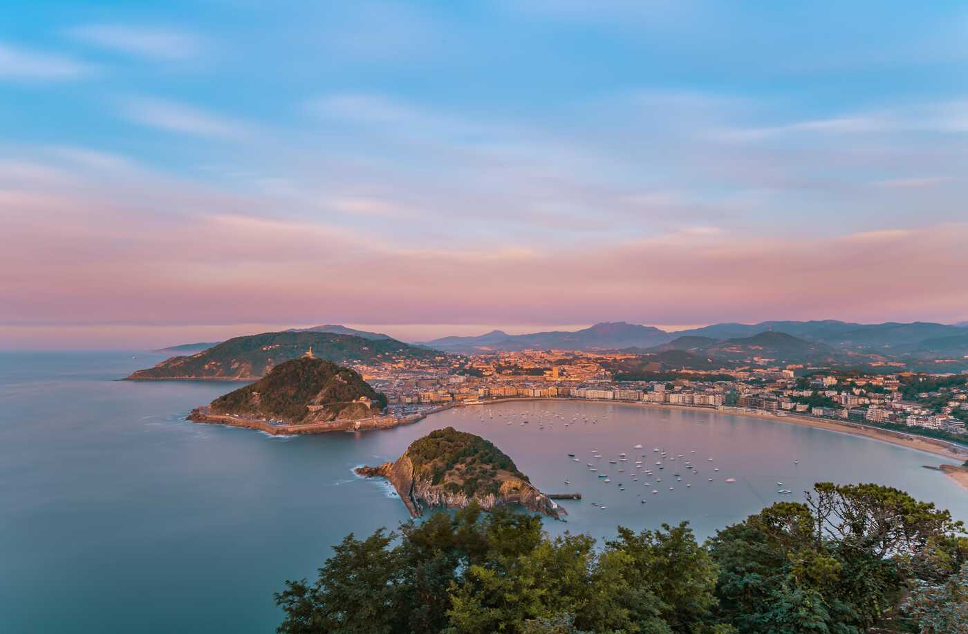 High Angle View Of San Sebastian (Donostia) City During Sunset. Spain.  