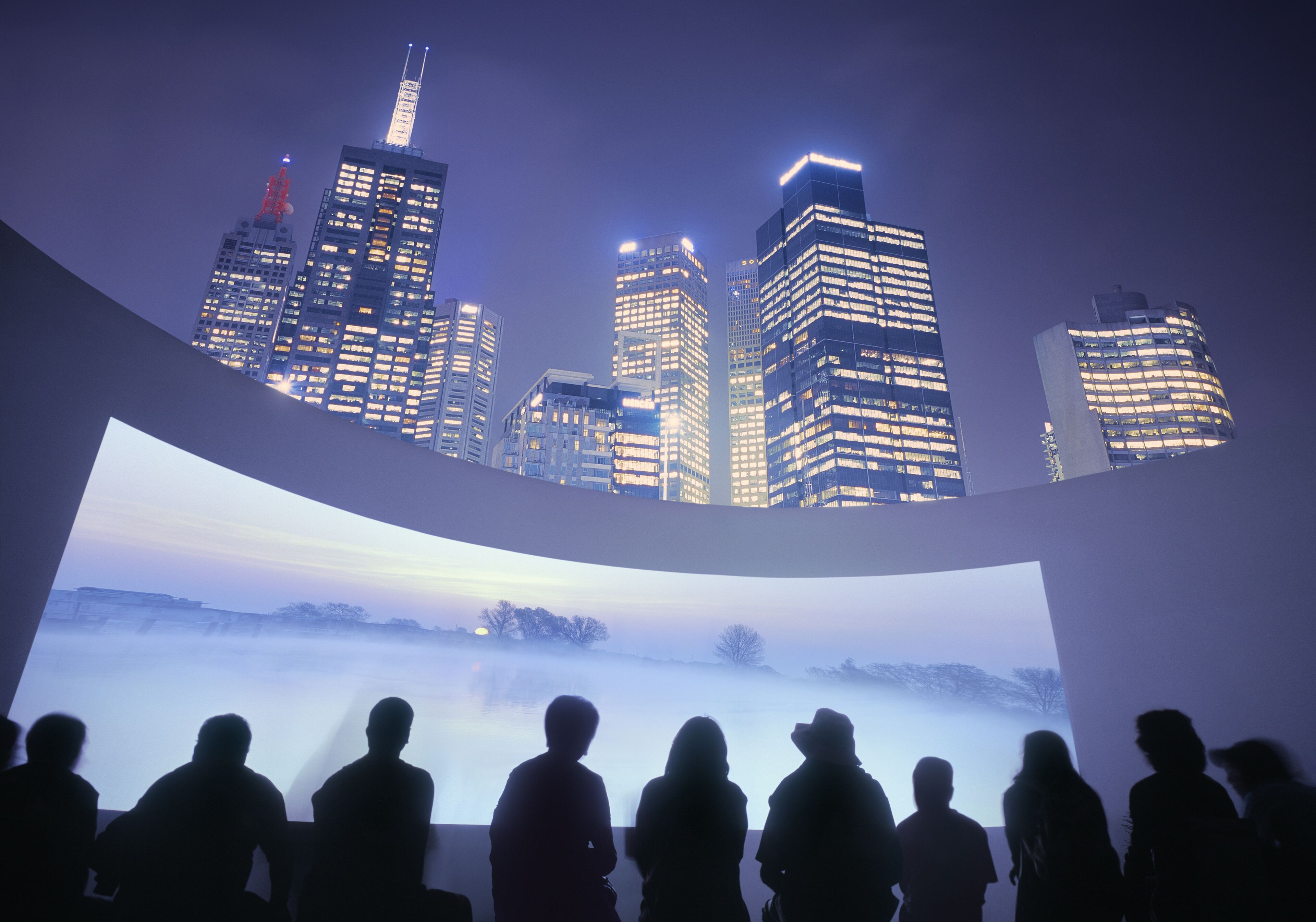 Illuminated Melbourne skyline with people looking at outdoor cinema screen, showing beautiful morning landscape of a lake. Digital composite, image on screen made by EschCollection.
