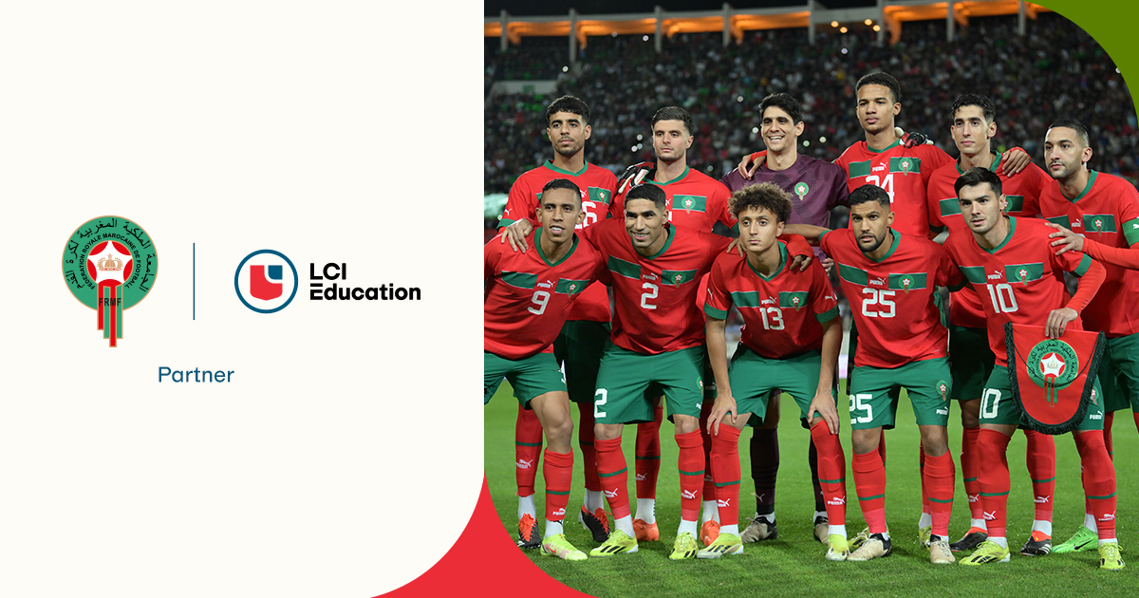 The Moroccan national football team poses in their green jerseys, partnered with LCI Education.
