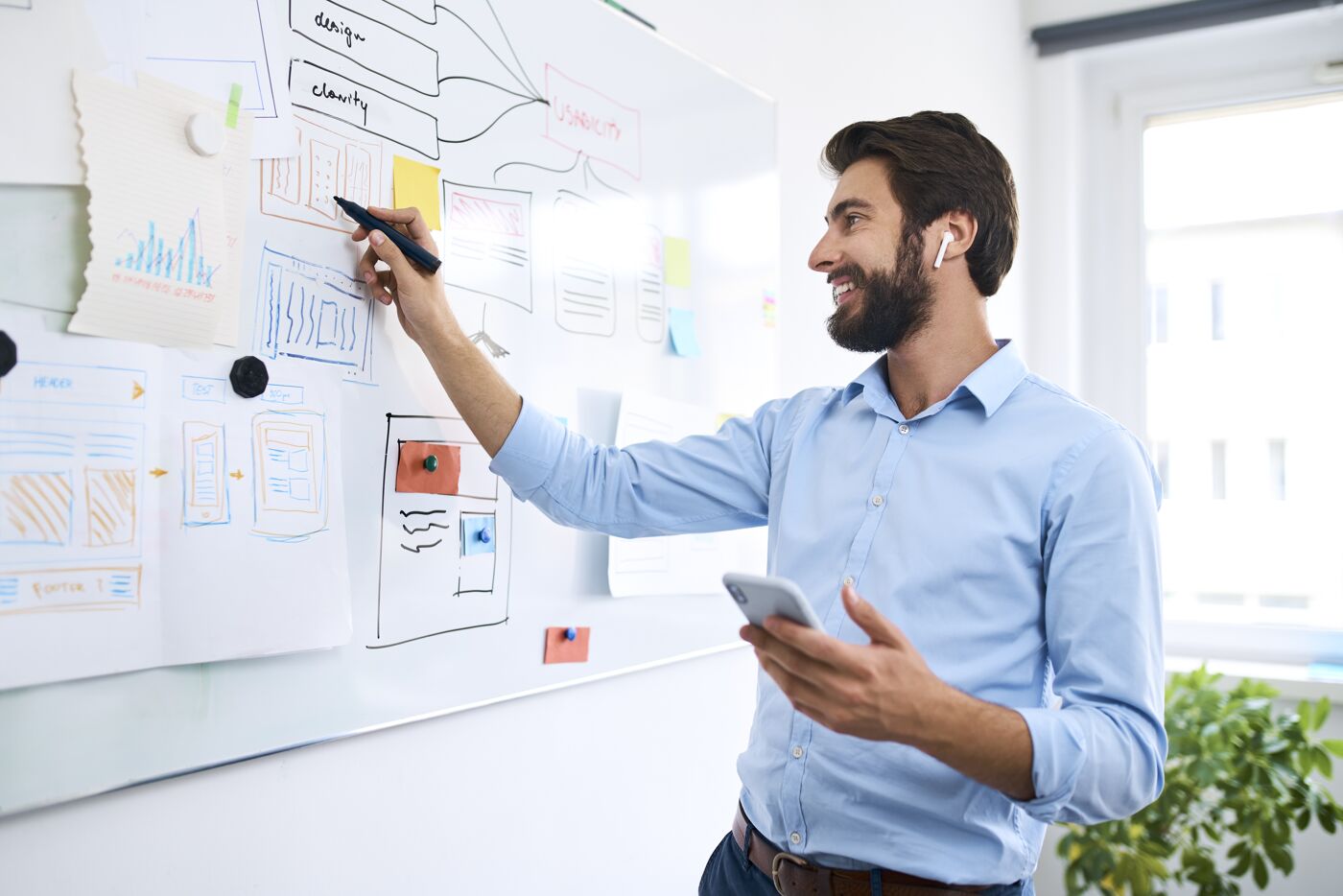 Businessman making notes on a whiteboard