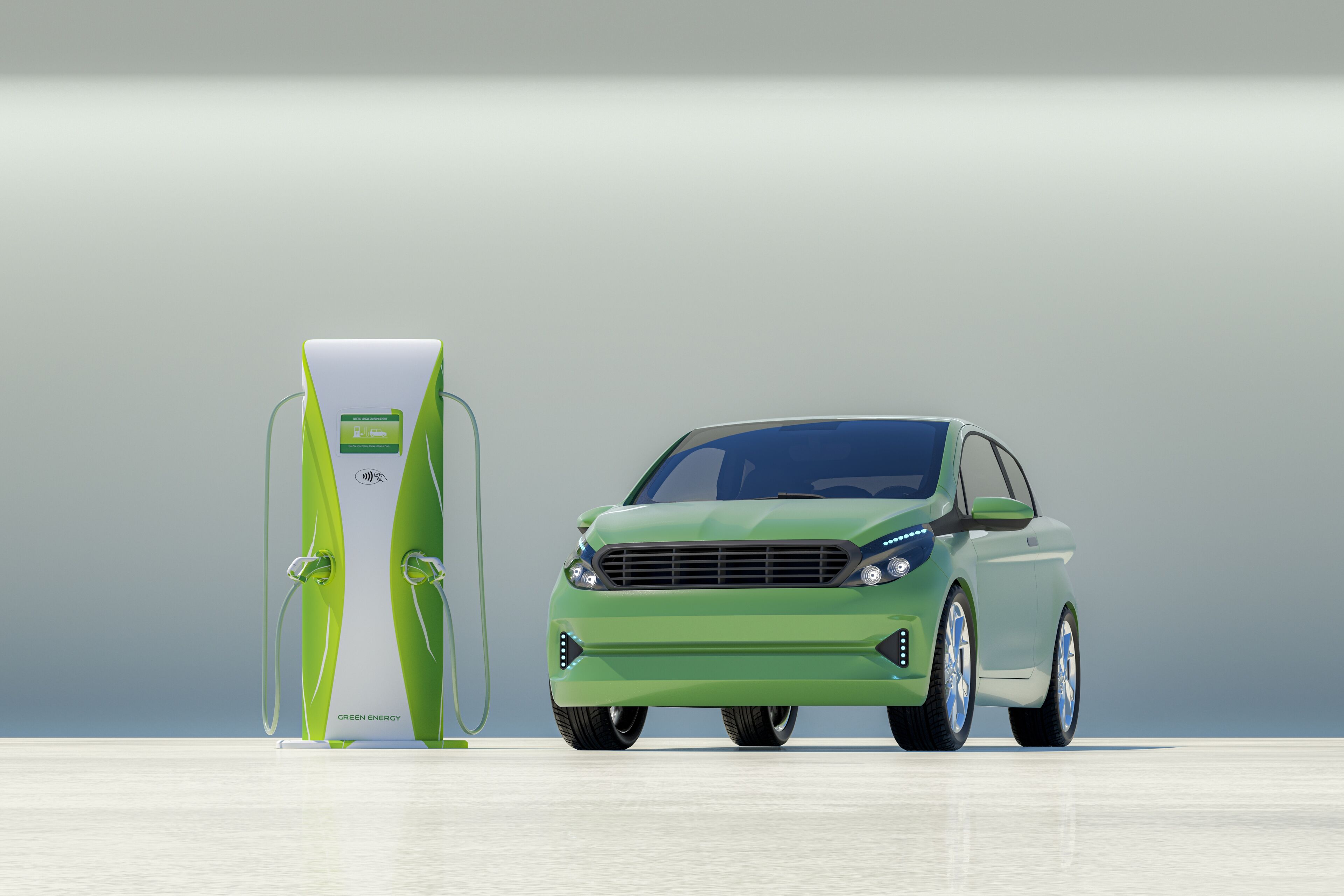 Un moderno coche eléctrico verde conectado a una estación de carga verde vibrante, simbolizando el transporte ecológico.