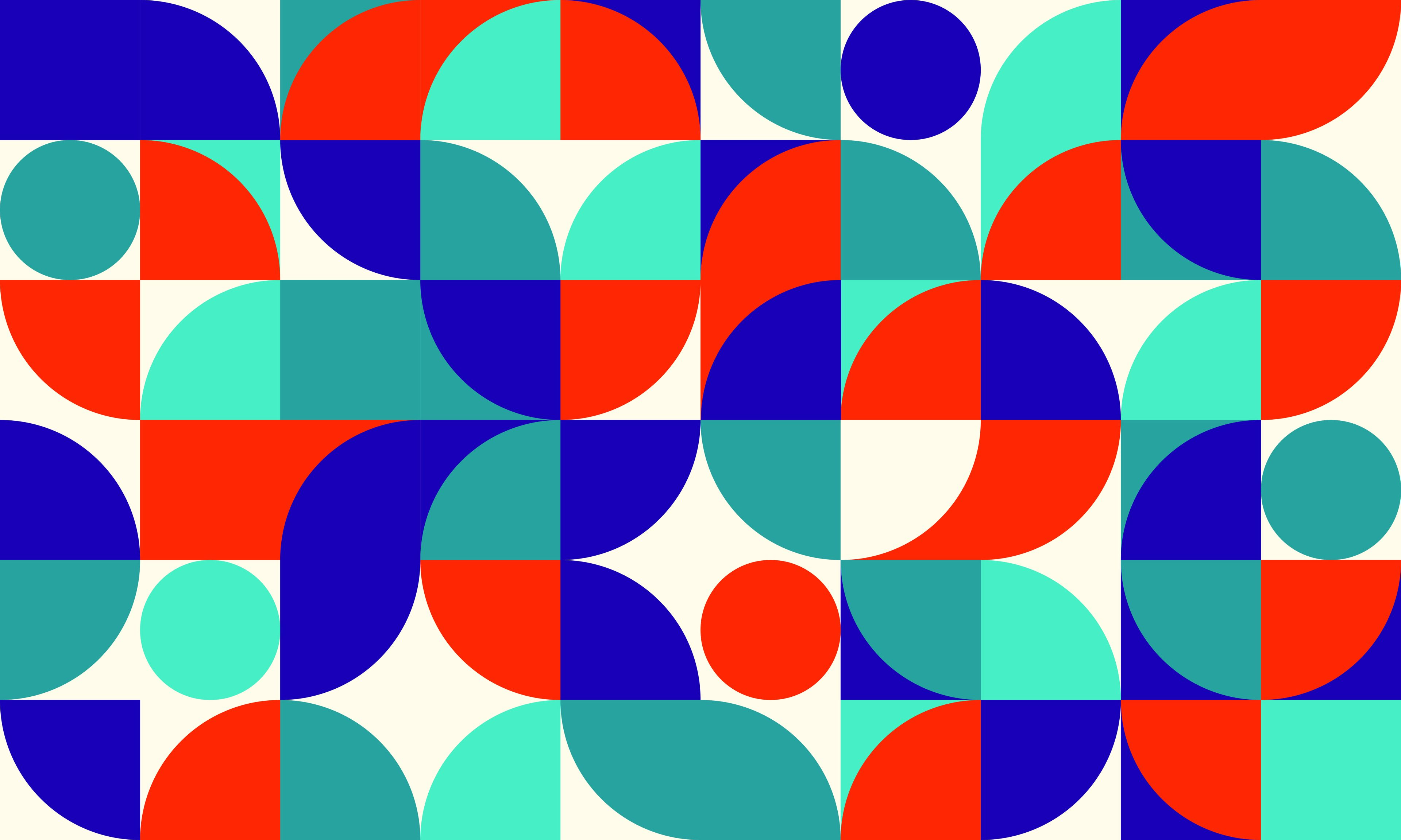 Diseño abstracto moderno con círculos y cuadrados superpuestos en una paleta vibrante de naranja, azul, morado y blanco.