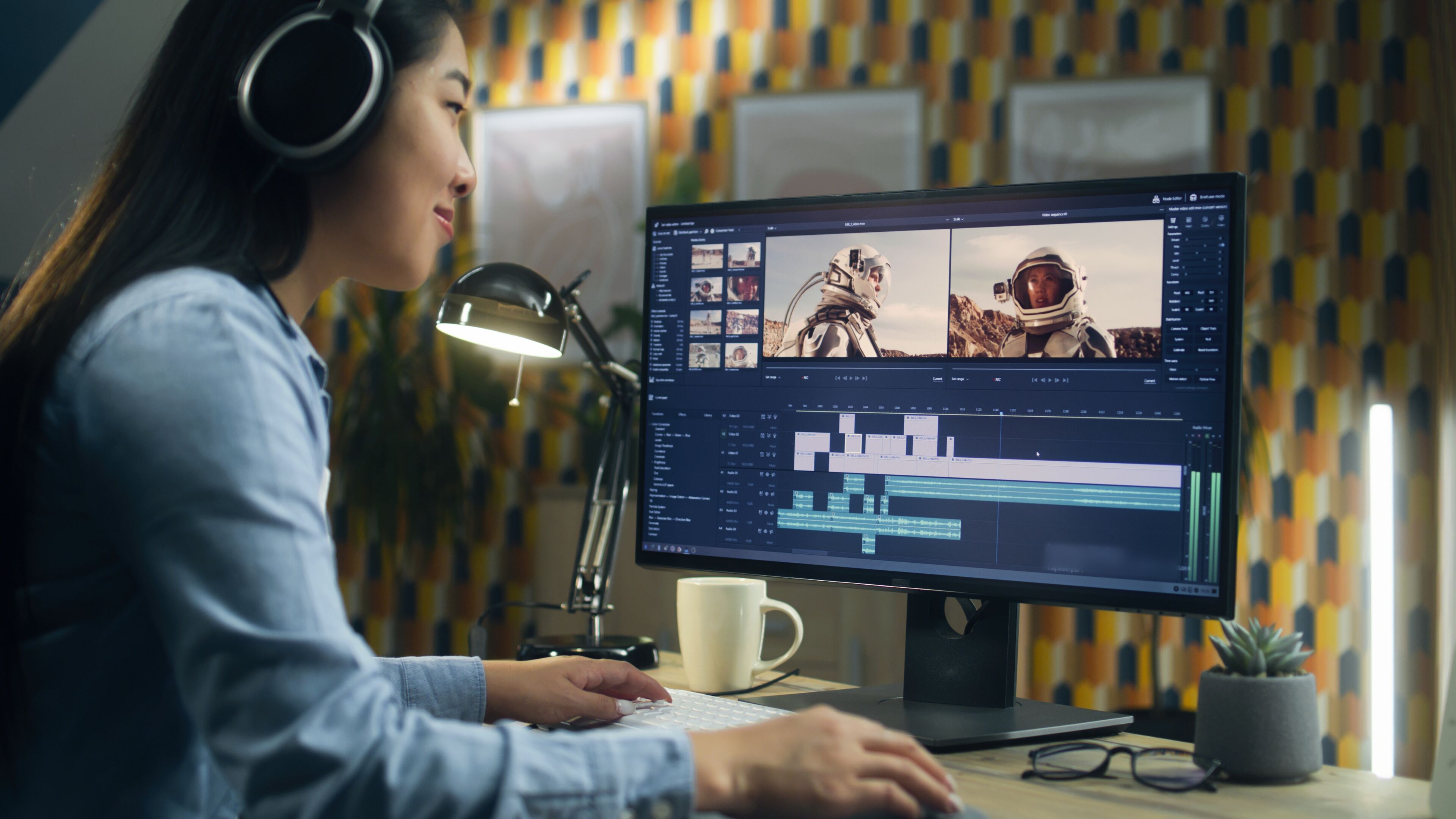 A focused individual editing a space-themed video on a dual monitor setup, surrounded by creative office decor.