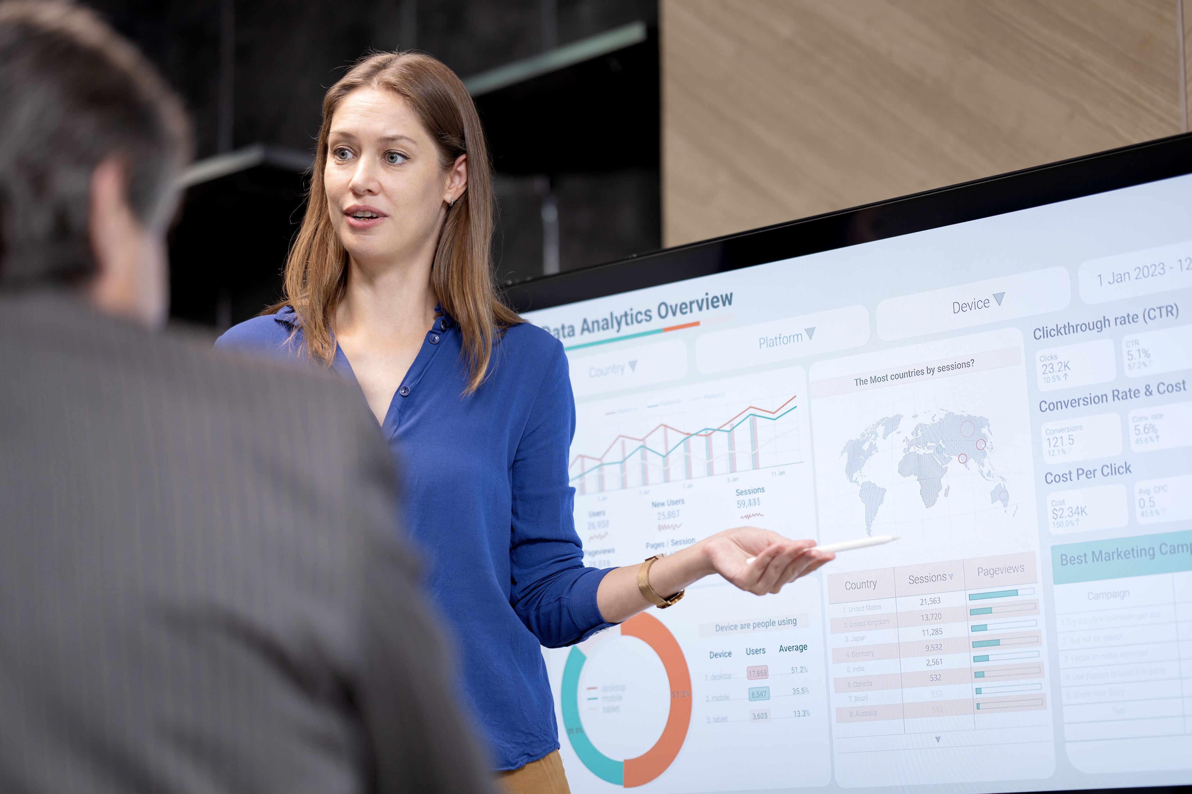 Une professionnelle présentant des données d'analyse sur un écran à un collègue, avec des graphiques, des cartes du monde et des indicateurs de performance clés.