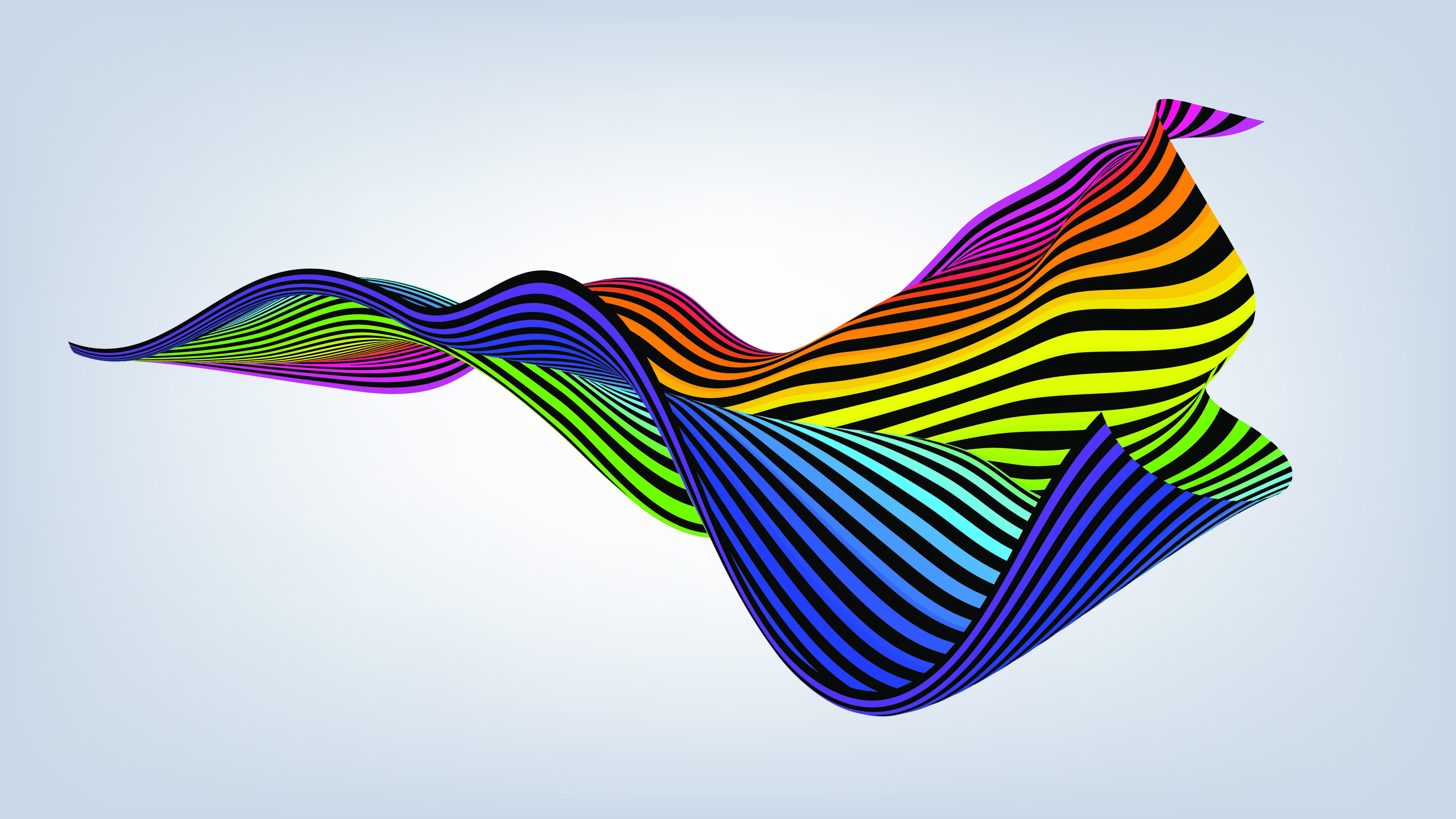 Arte digital vibrante de un patrón de onda fluida con colores del arcoíris sobre fondo gris.
