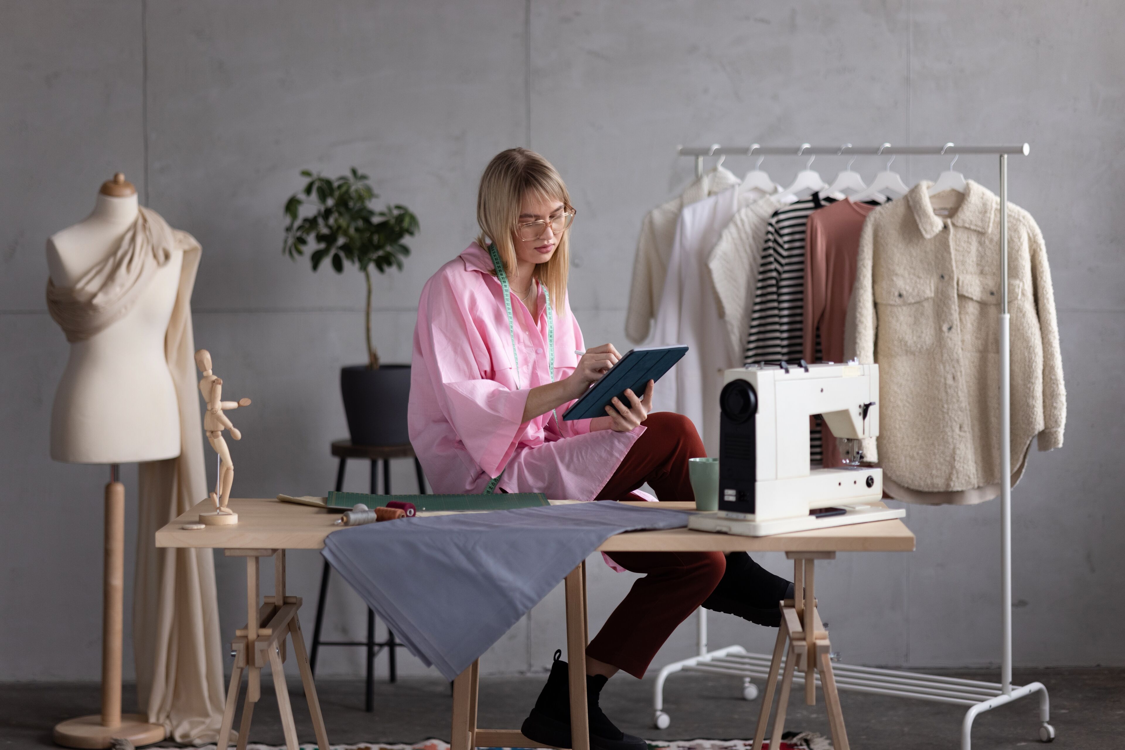 Diseñadora de moda dibuja en una tableta en su estudio, rodeada de un maniquí, máquina de coser y un perchero.
