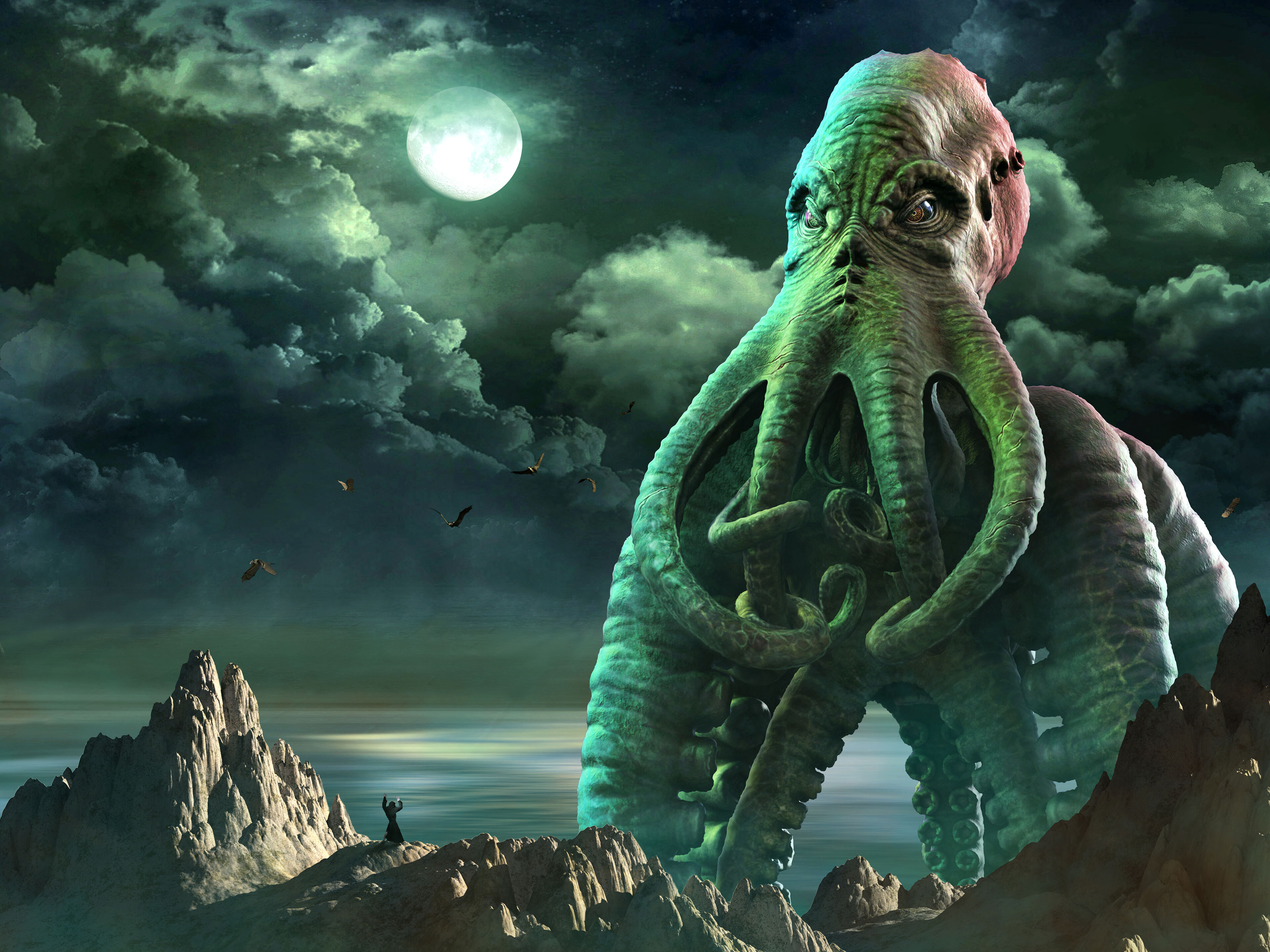 A colossal cephalopod creature stands under a full moon amidst mountainous terrain, its skin reflecting the moonlight, with birds flying in the distance.
