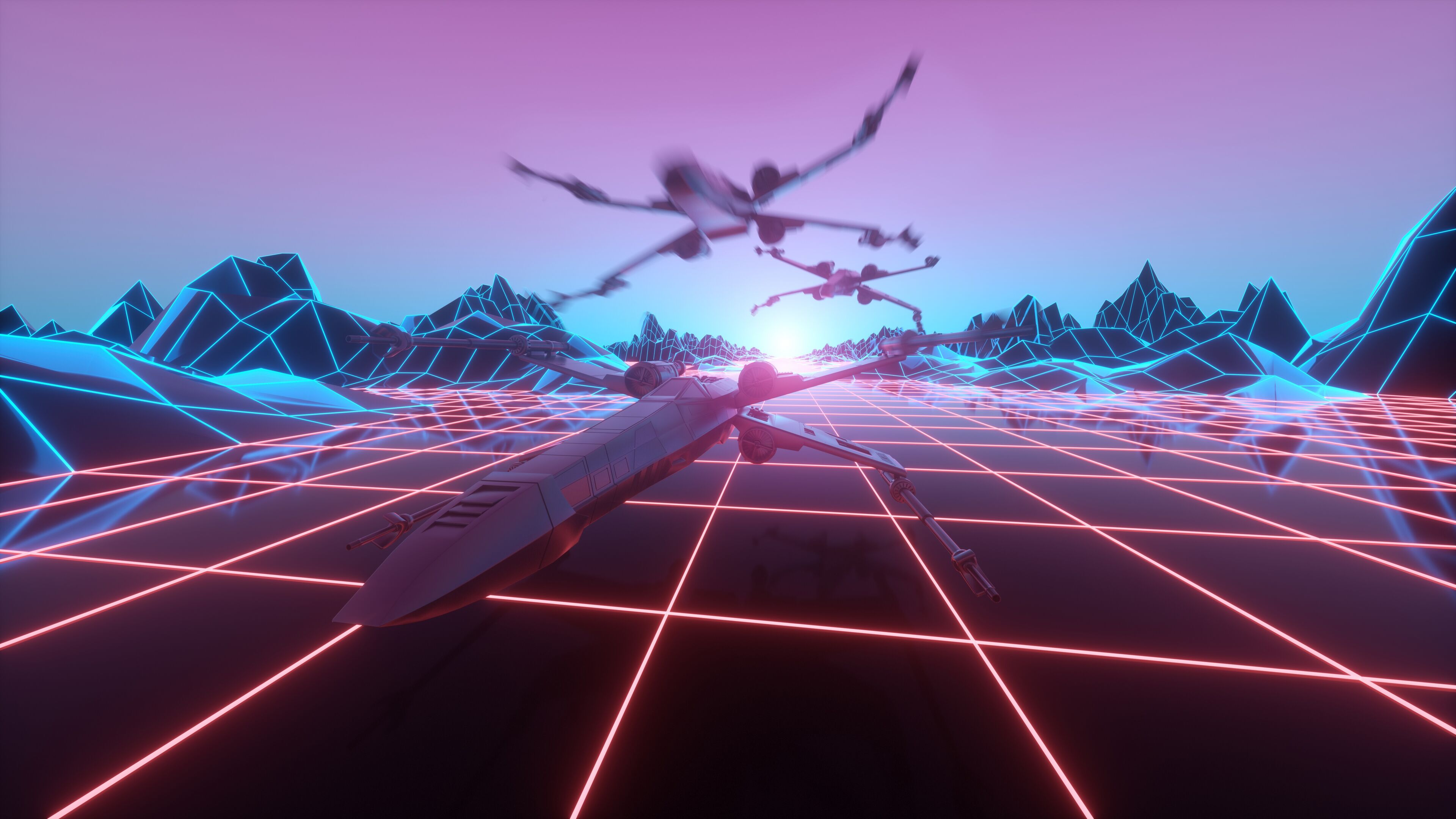 Art numérique de chasseurs X-Wing survolant un paysage de grille néon au crépuscule.