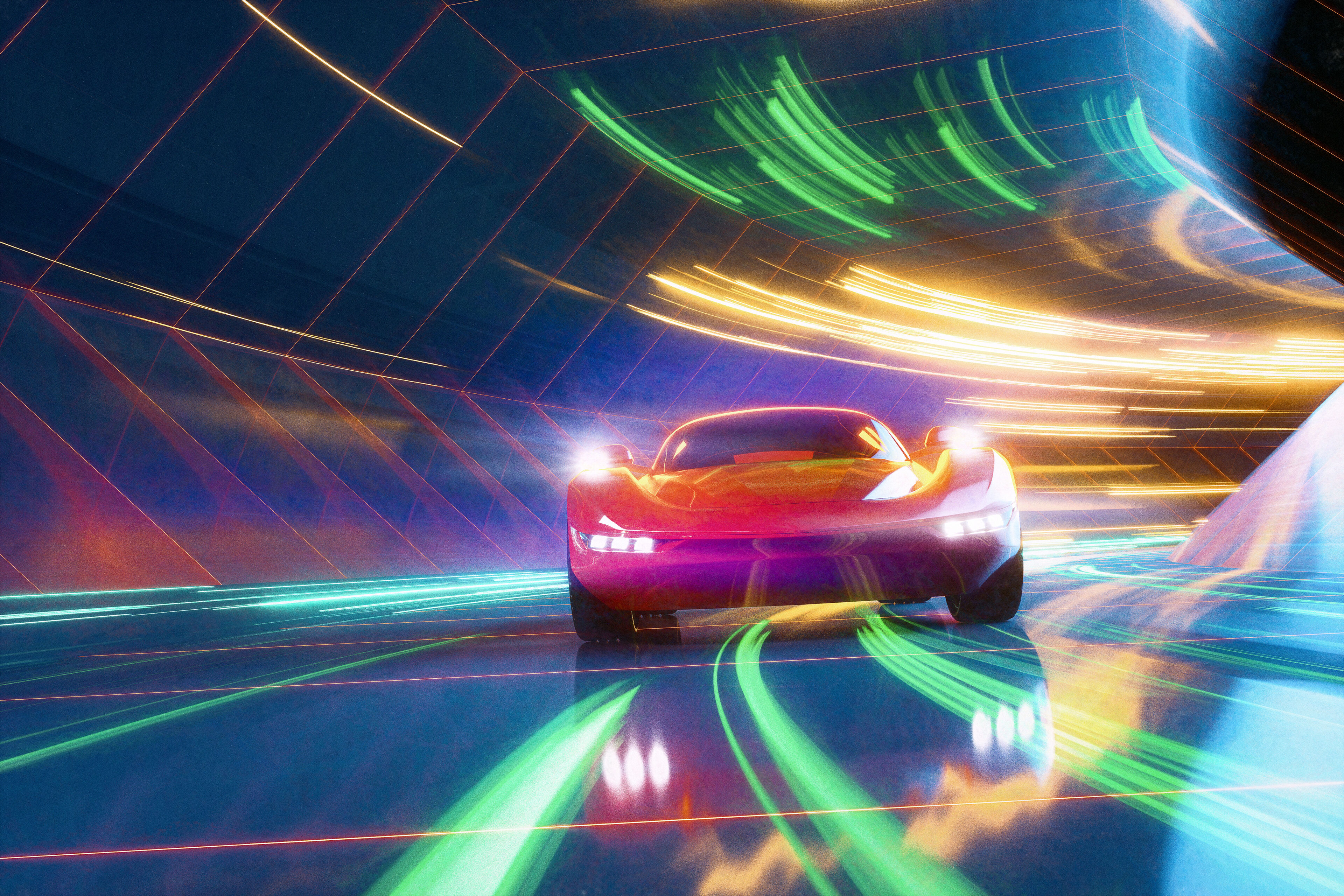 Une voiture de sport rouge élégante en mouvement, avec des traînées de lumière néon et un arrière-plan de réalité augmentée numérique.