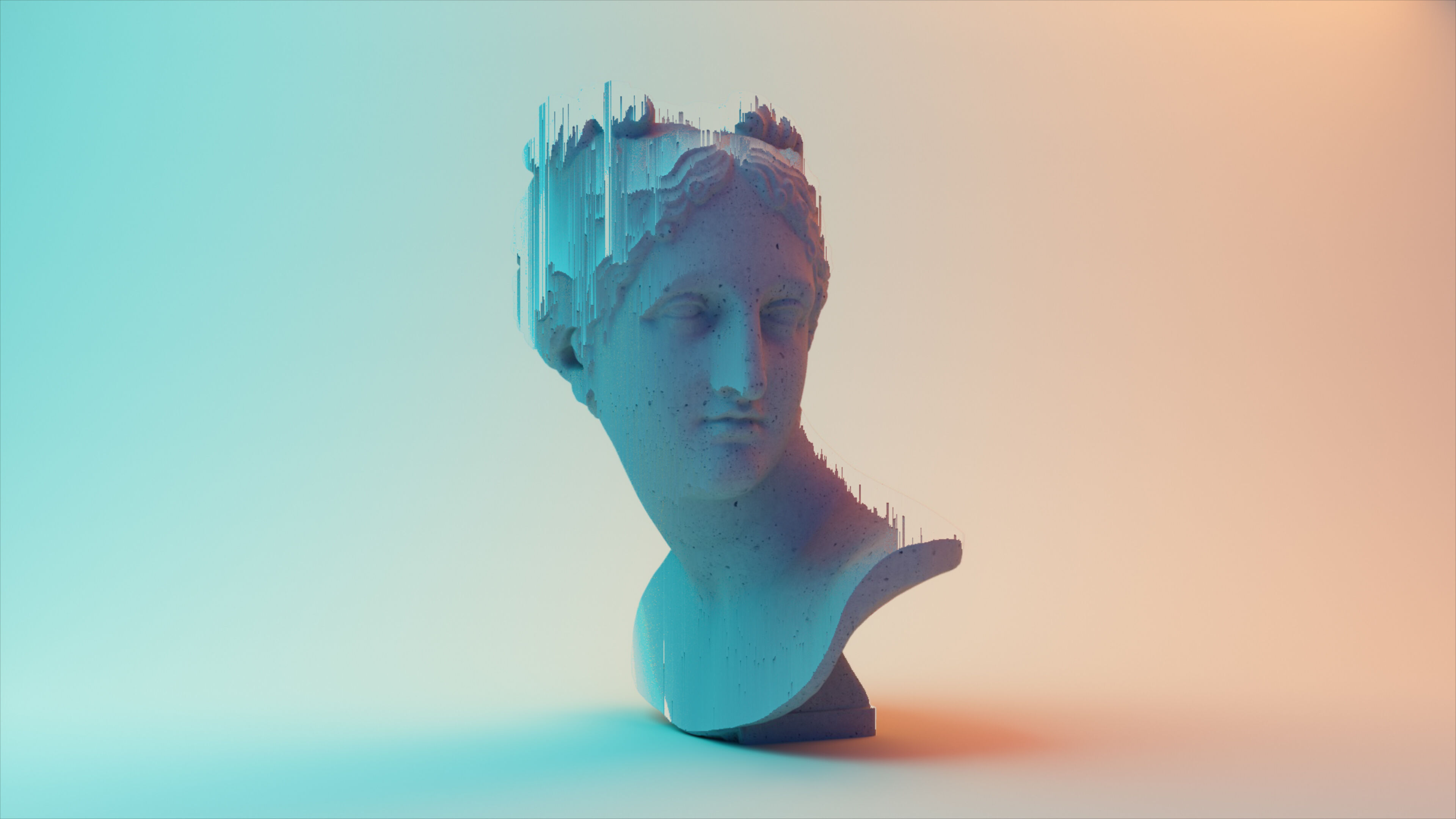 Una escultura digital contemporánea de un busto clásico, con un efecto de degradado que transita de forma sólida a pixelada.