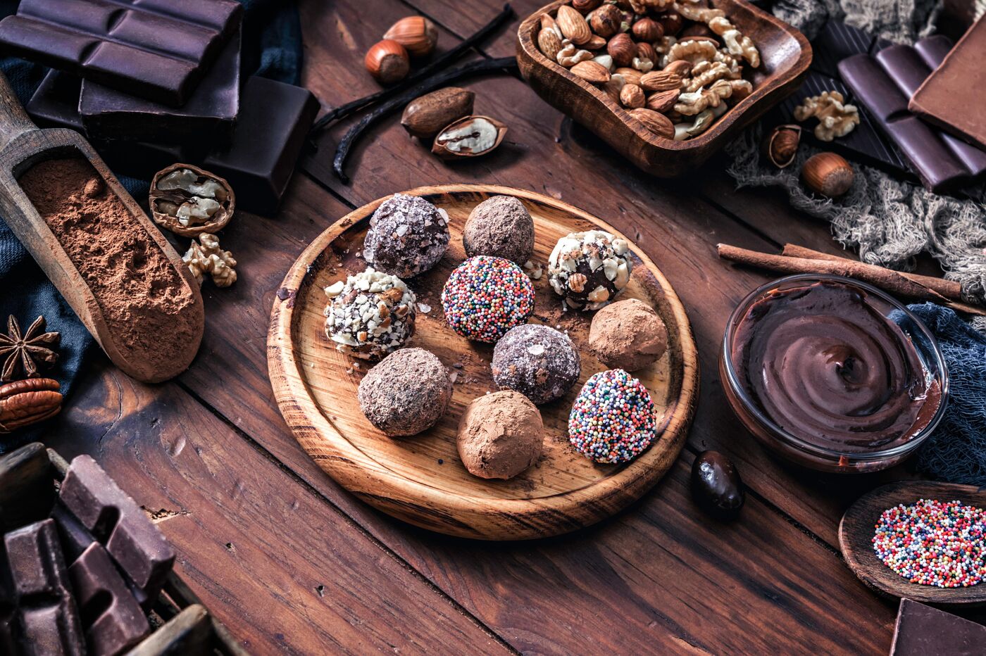 A selection of dark and crunchy chocolate truffles, with nuts and spices, presented on a rustic wooden table. They are a delight for chocolate lovers.