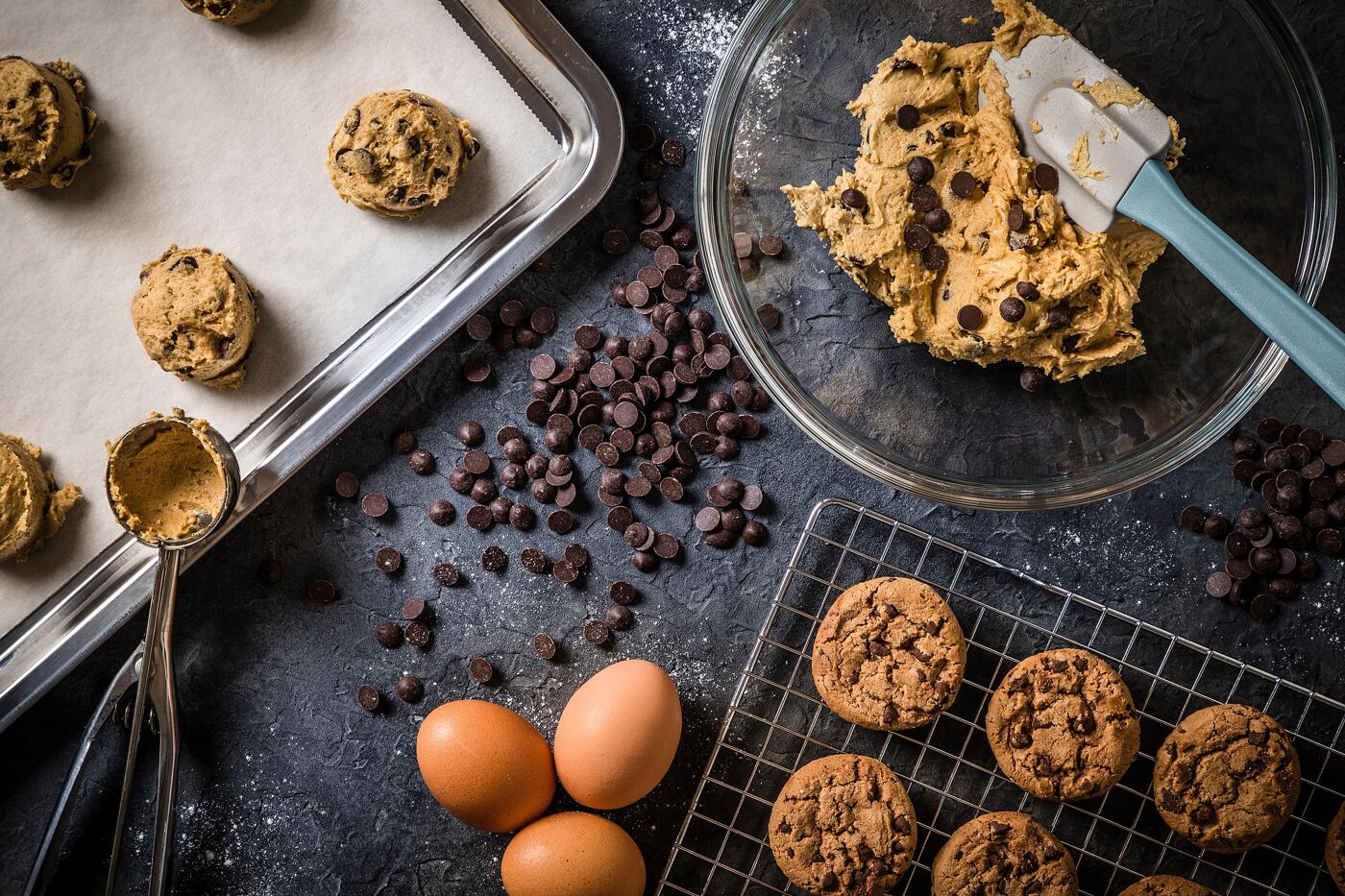 The image displays the ingredients and process of making chocolate chip cookies, featuring dough, eggs, and finished cookies.