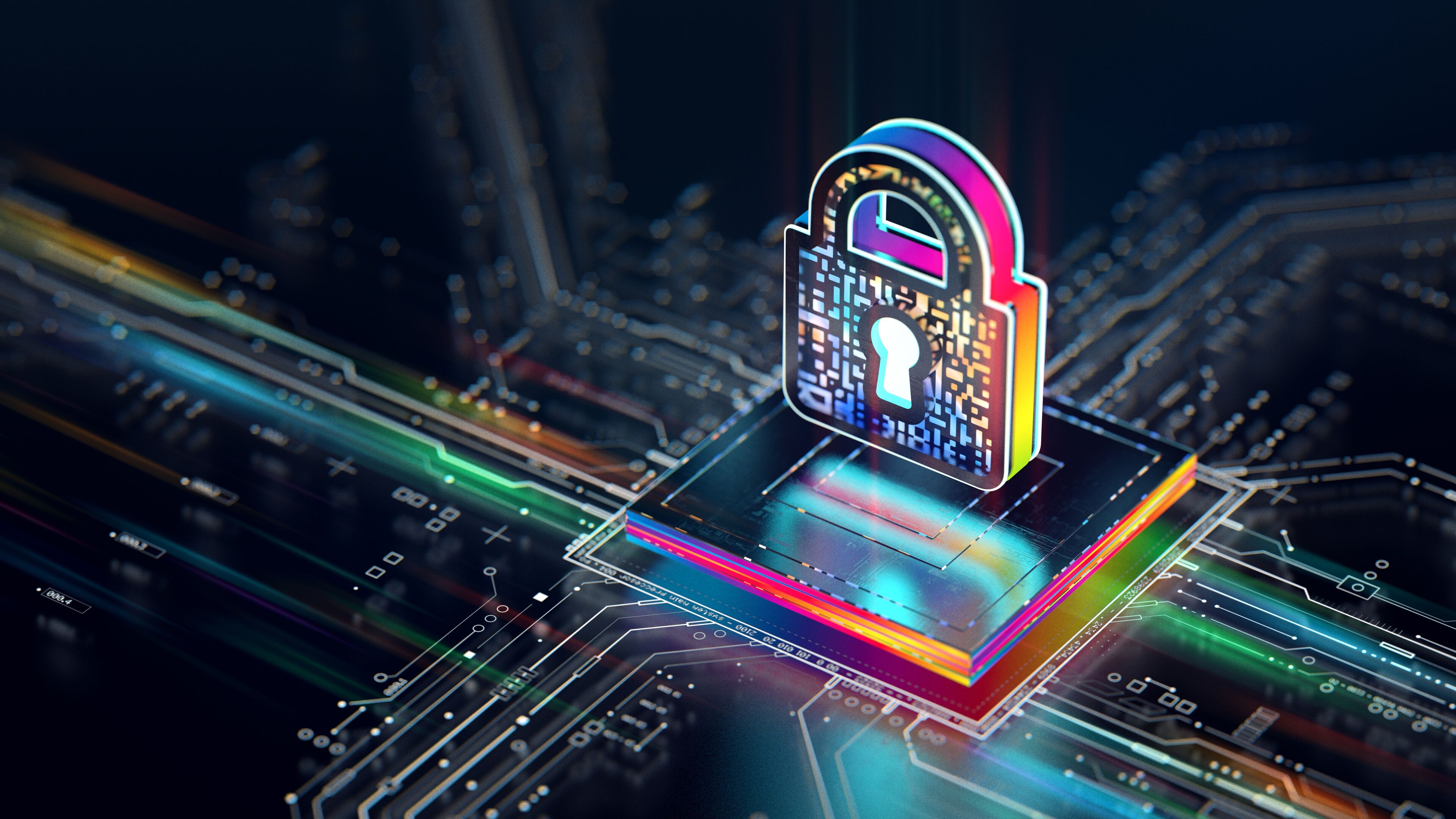 A neon-lit padlock symbol on a microchip, representing digital security.