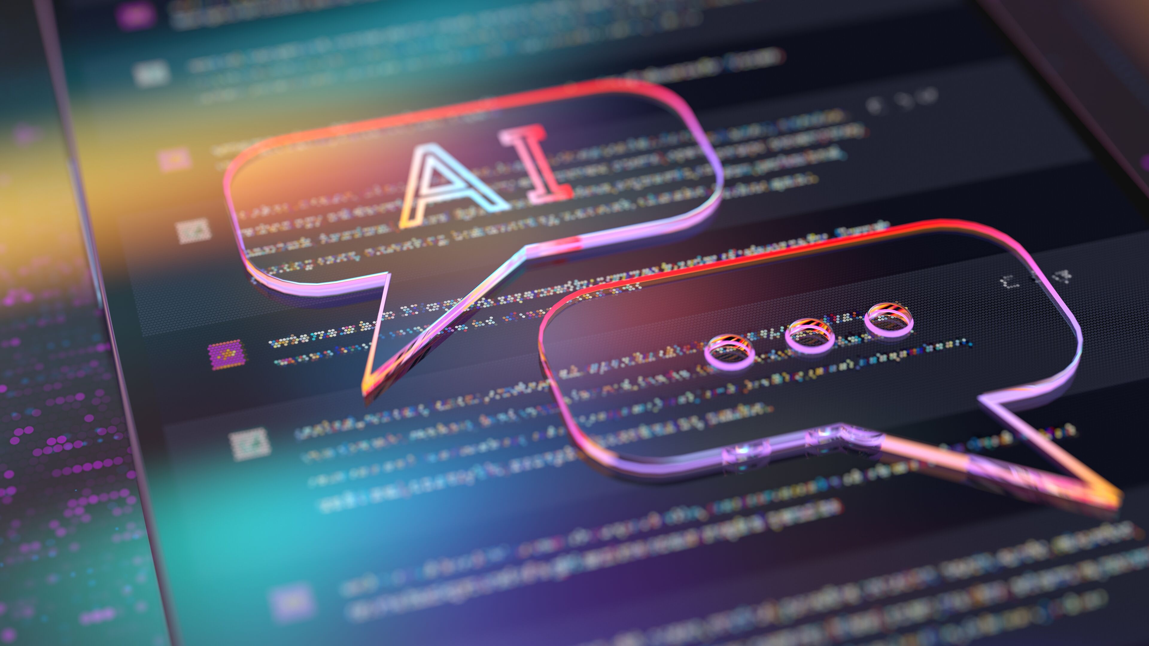 Bulles de dialogue éclairées au néon avec texte "IA" superposées sur un écran sombre rempli de code de programmation, symbolisant l'intersection de la conversation et de la technologie.