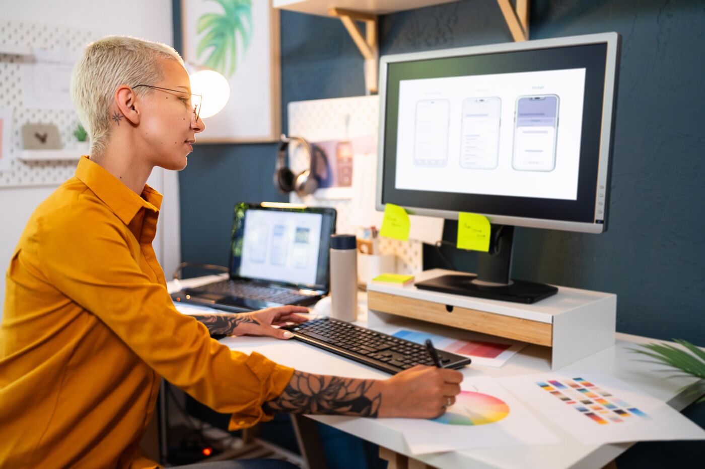 A woman with short blond hair and tattoos sits at a desk working on a computer, using a stylus to draw on a paper document.