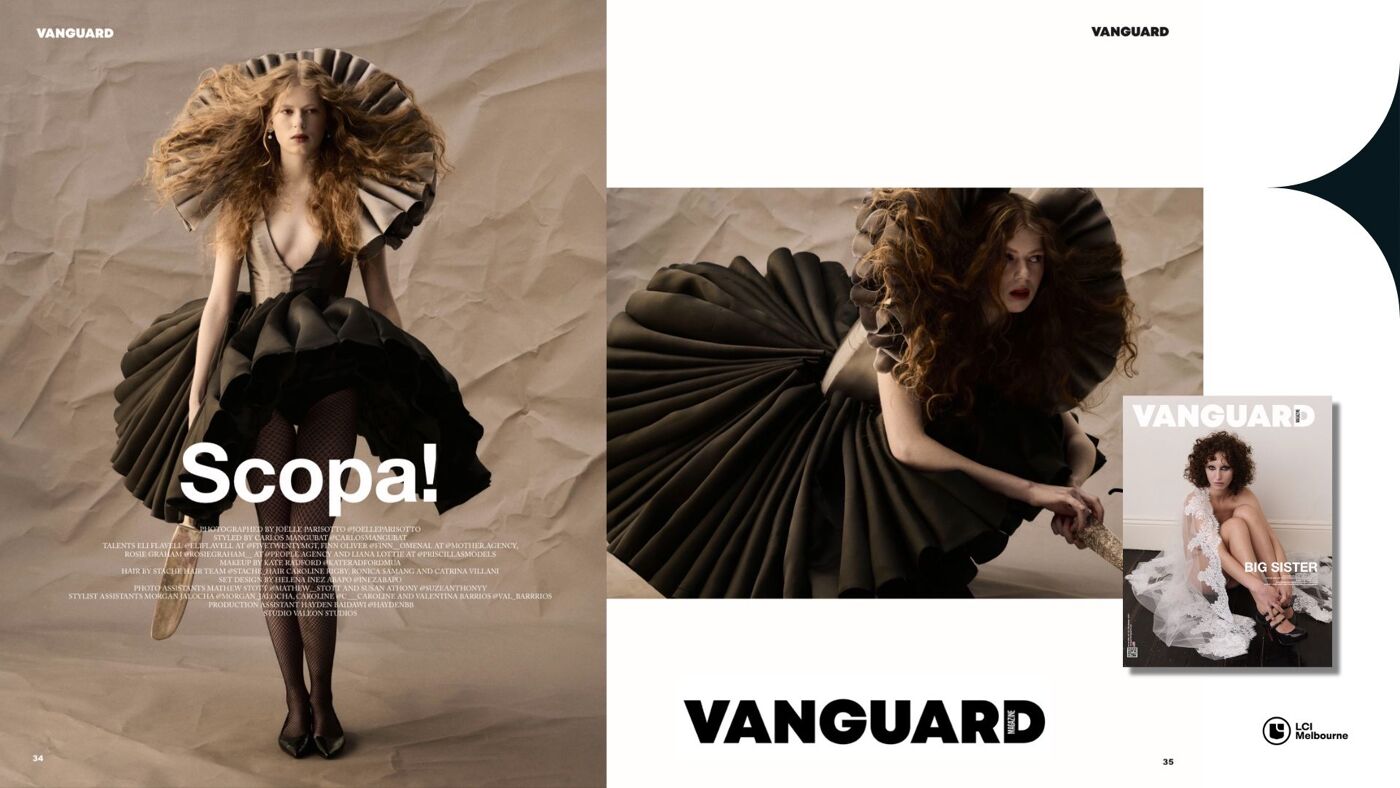 A woman in a voluminous black dress and messy hair poses for a photoshoot, with additional images from the shoot and a magazine cover.