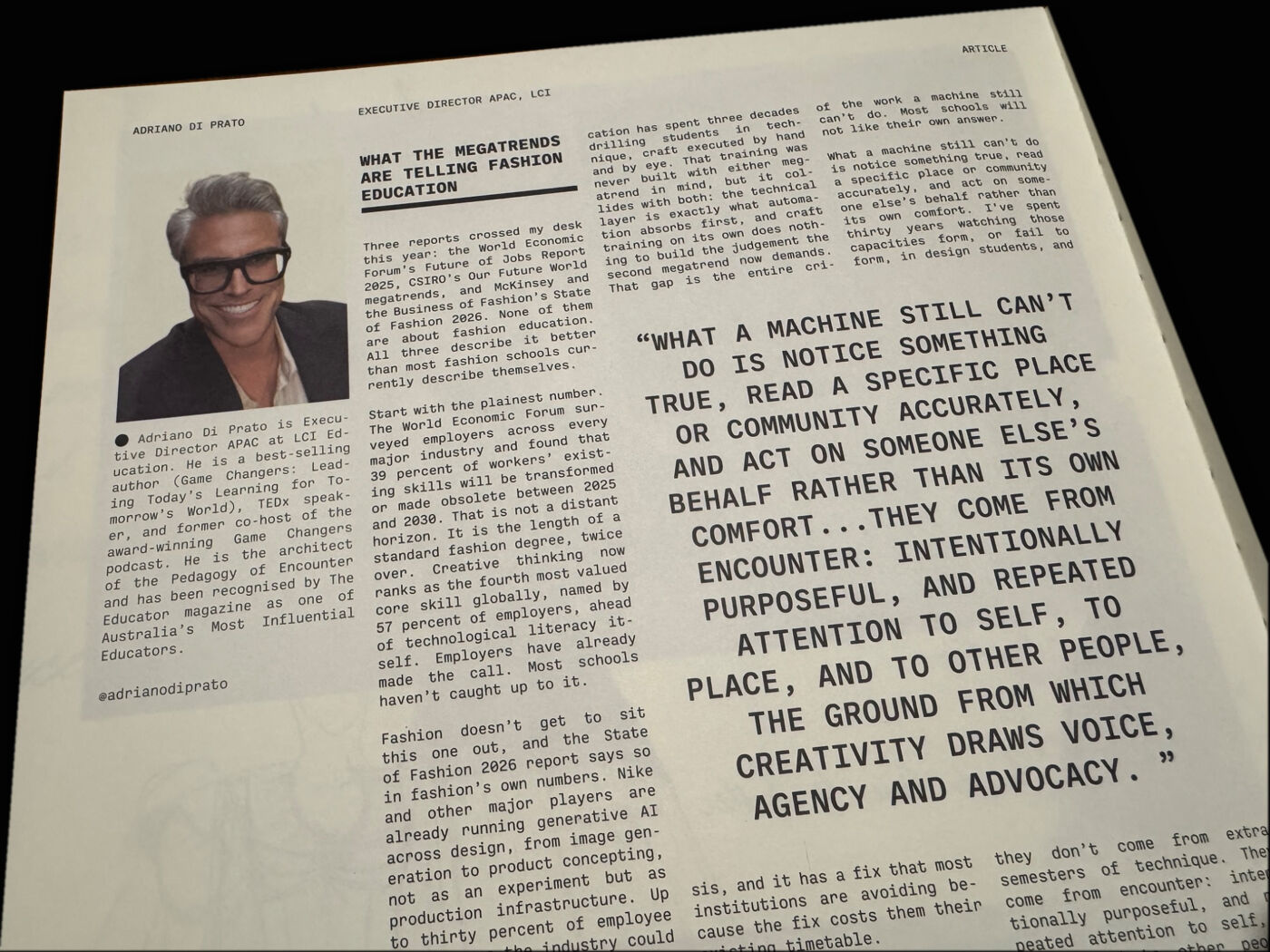 The image shows a newspaper article discussing megatrends in fashion education, featuring a quote about the limitations of machines in understanding human experience and creativity.