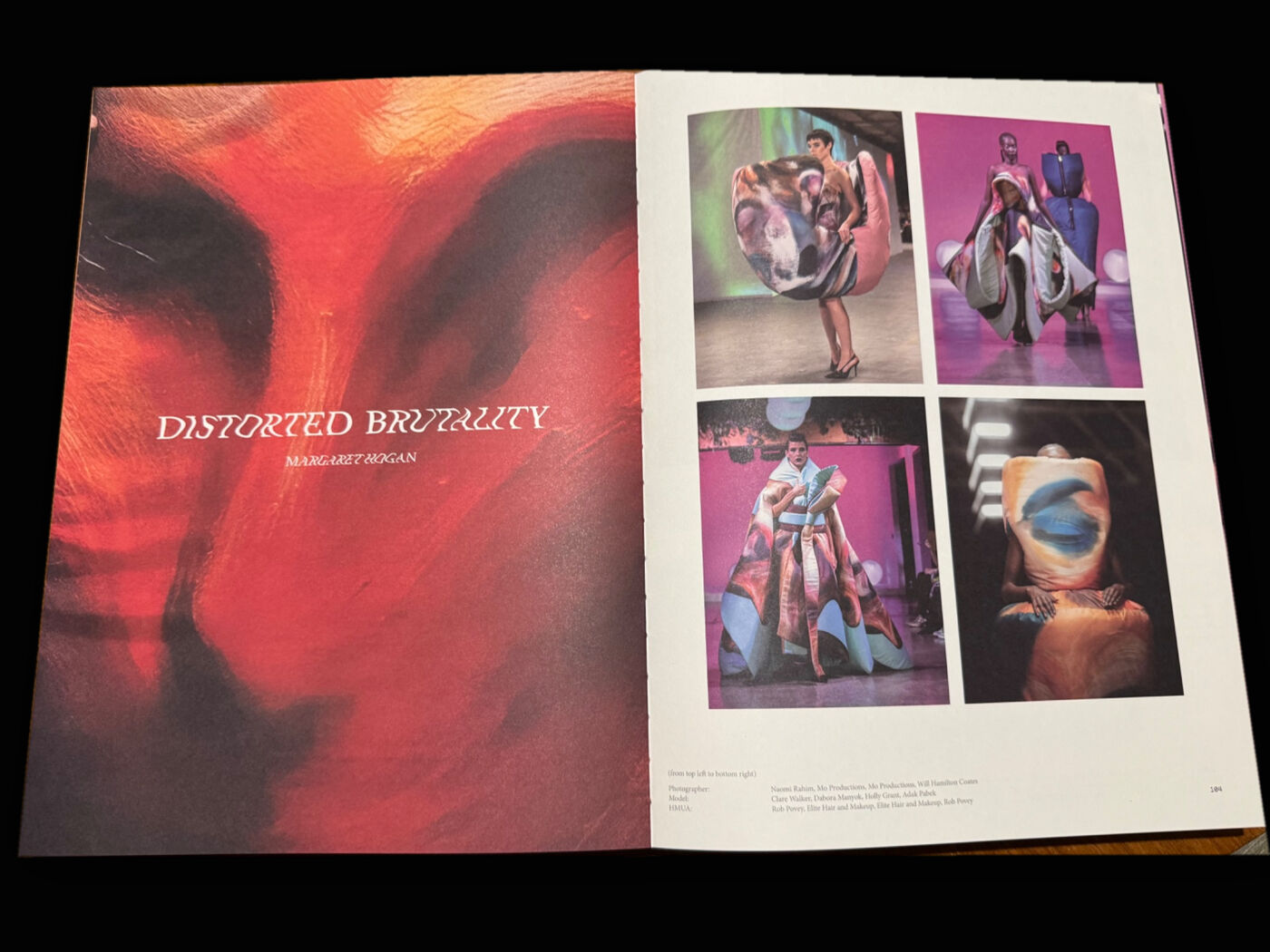 This image displays a book open to a page featuring the title "DISTORTED BRUTALITY" with abstract art on the left and fashion photography on the right.