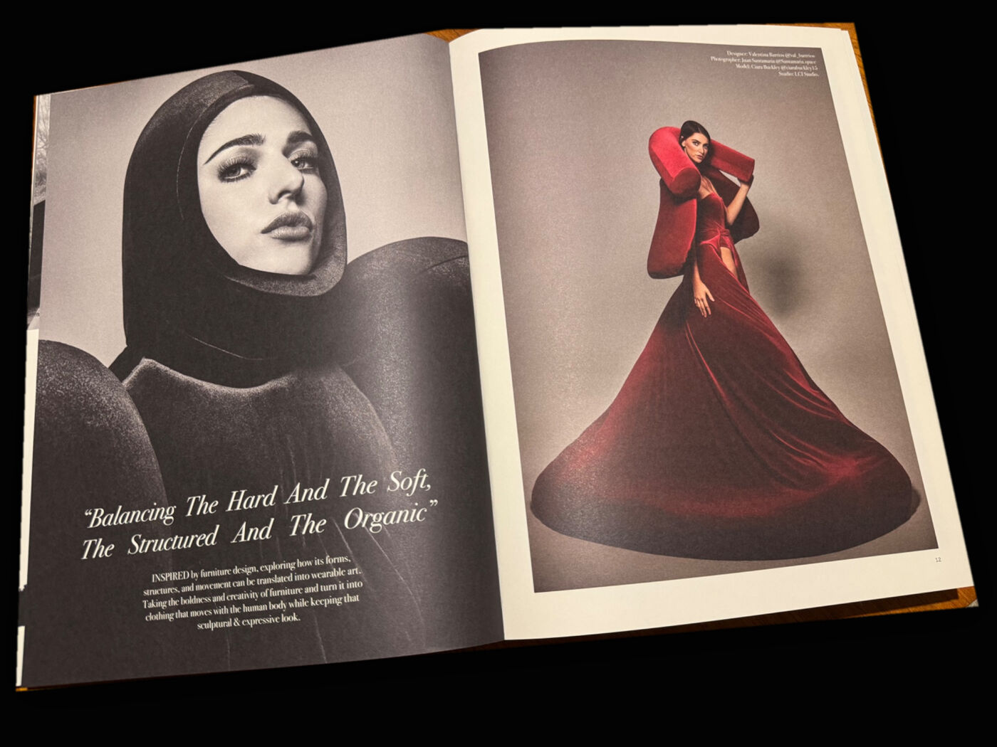This image displays a magazine spread featuring two distinct fashion editorials. The left page shows a black and white portrait with a quote about balancing contrasting elements, while the right page showcases a model in a dramatic red gown.