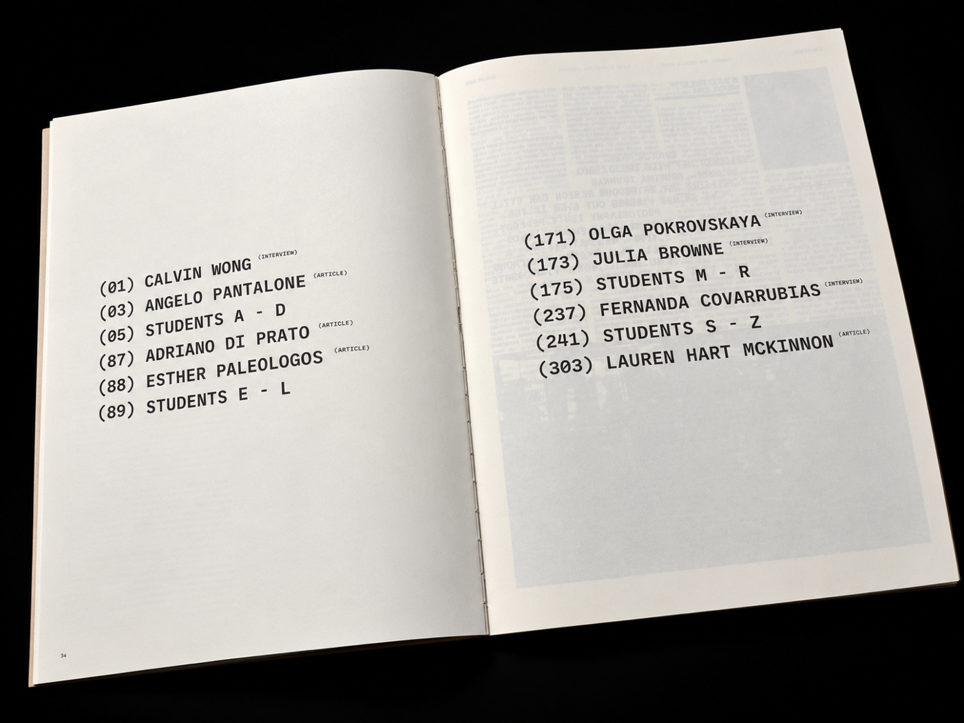 The image displays a book open to a page listing names and corresponding numbers, likely an index or directory. The text is presented in two columns with a clear, sans-serif font.