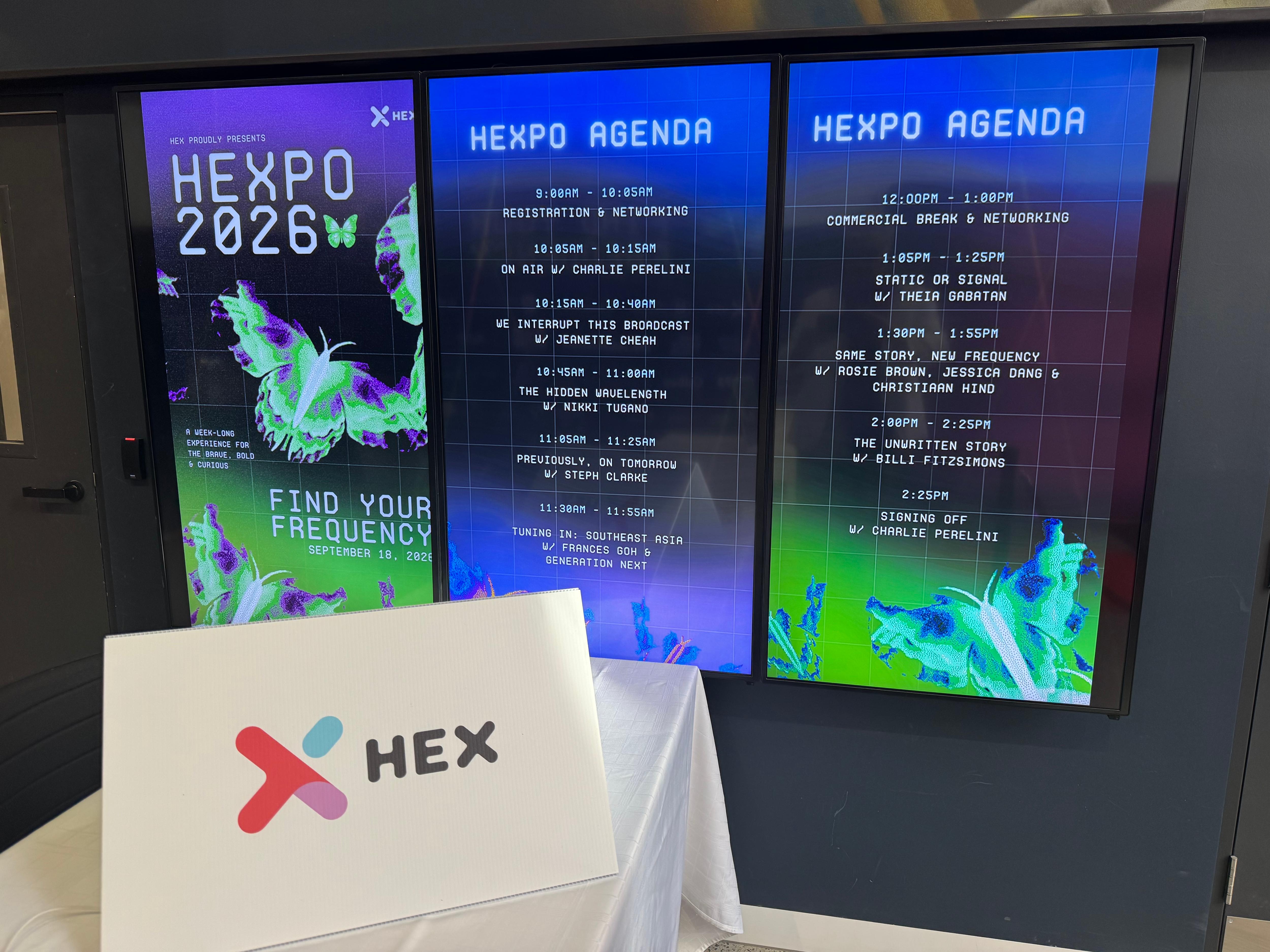 The image displays a poster for HEXPO 2026 featuring butterflies and an event with a detailed agenda. A HEX logo is visible at the bottom.