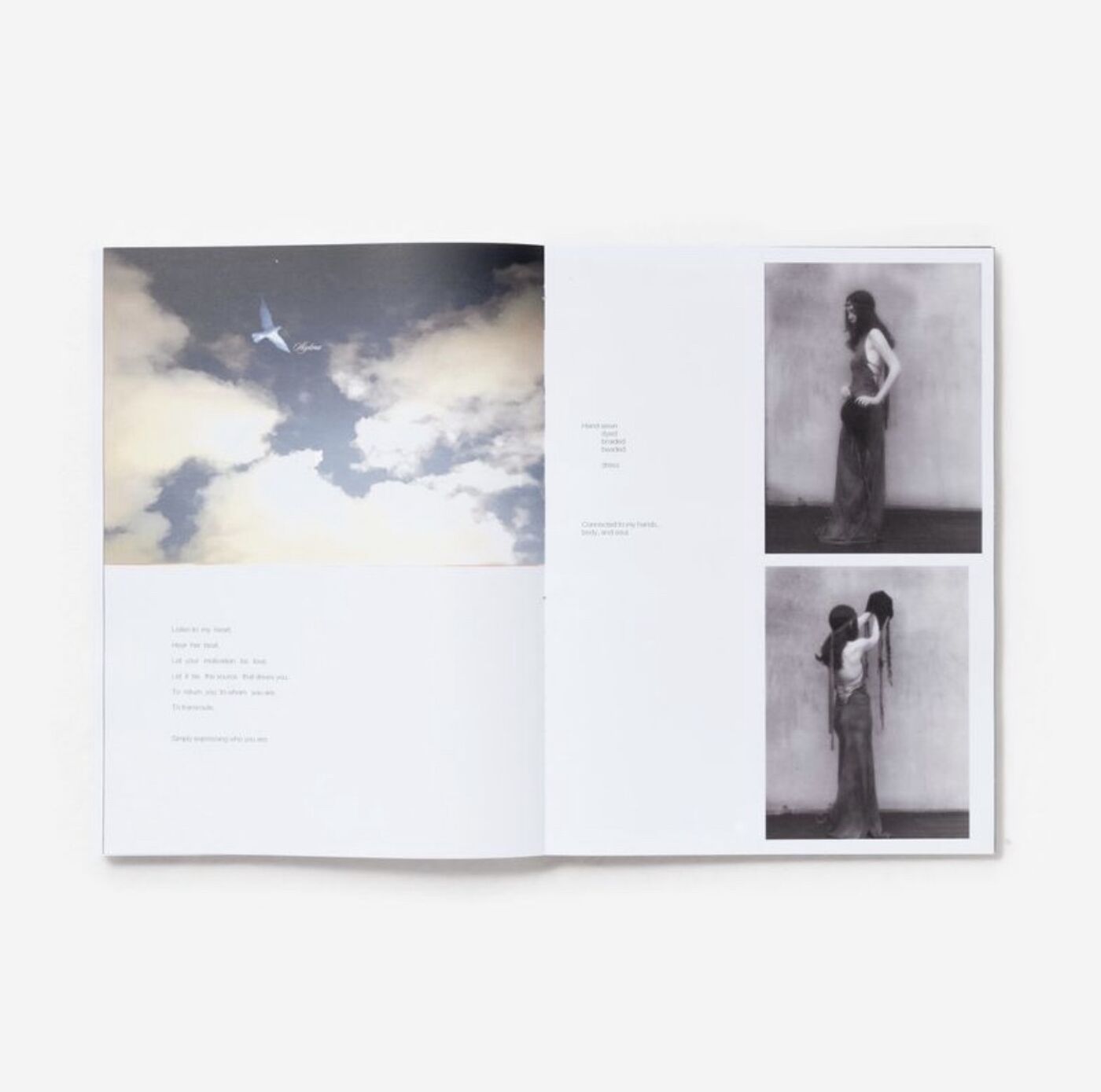 This image displays an open book featuring photographs of a woman and a cloudy sky with a bird. There is also poetic text present.