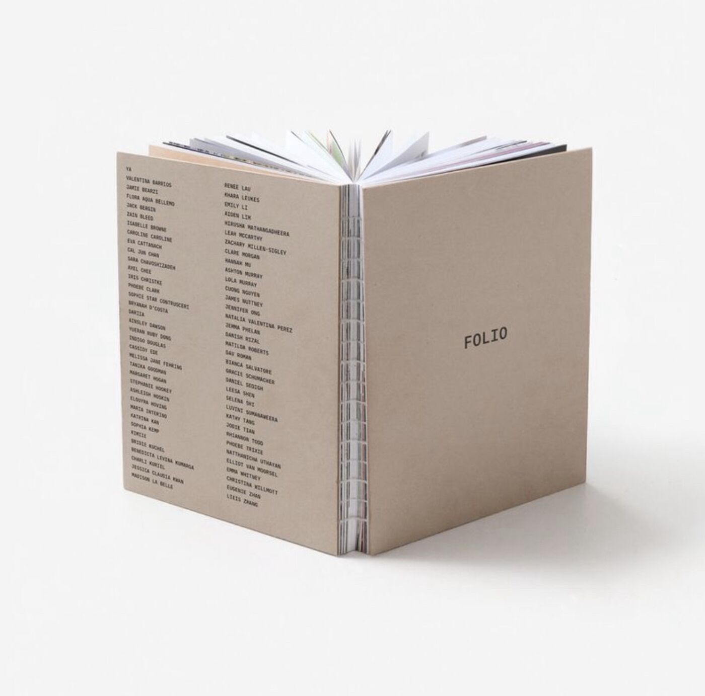 An open book with a brown paper cover, displaying a list of writers on the left page and the word "FOLIO" on the right.
