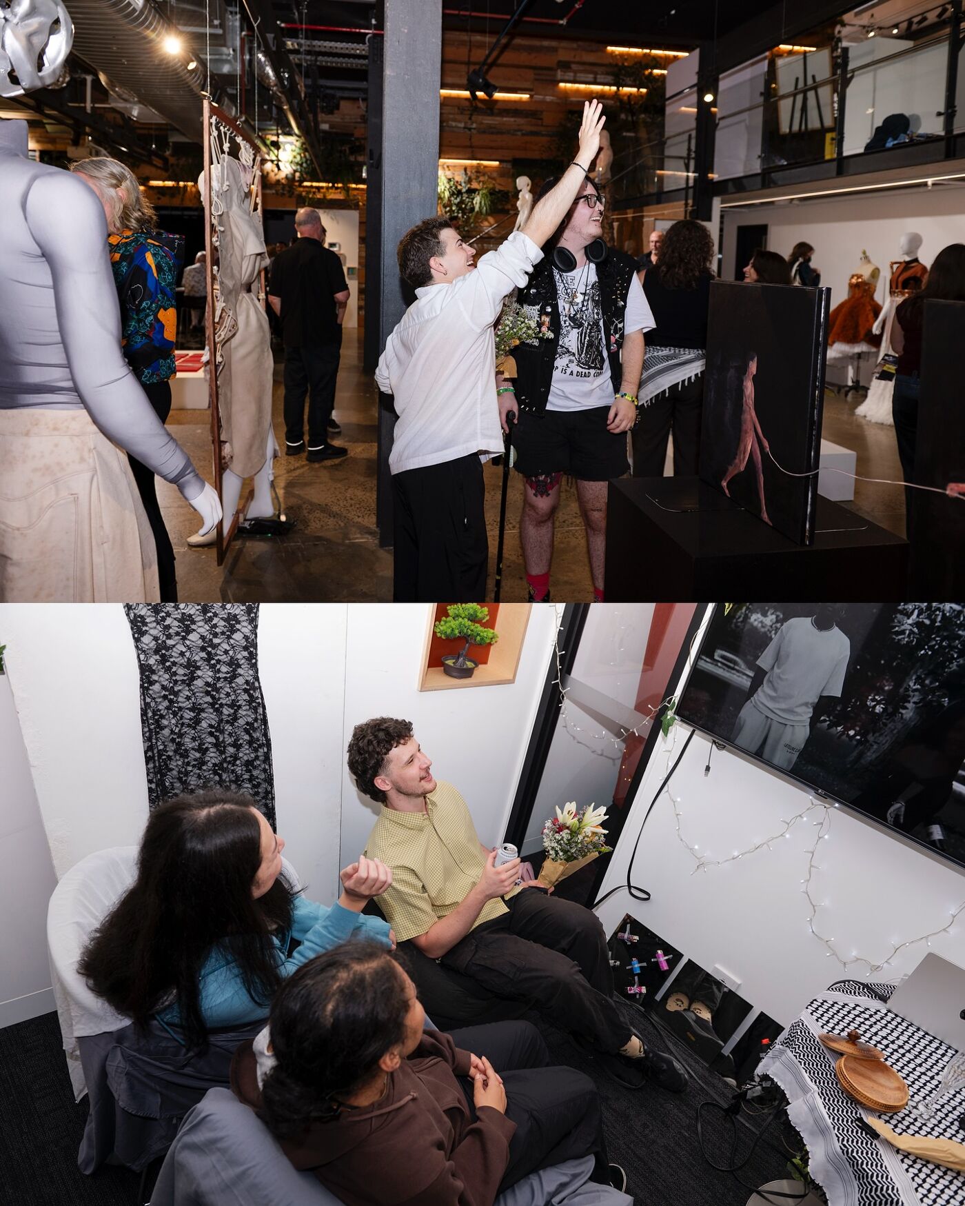 The top half shows a fashion show or exhibition with people interacting, while the bottom half shows a group of young adults relaxing and watching a screen in a small, cozy room.