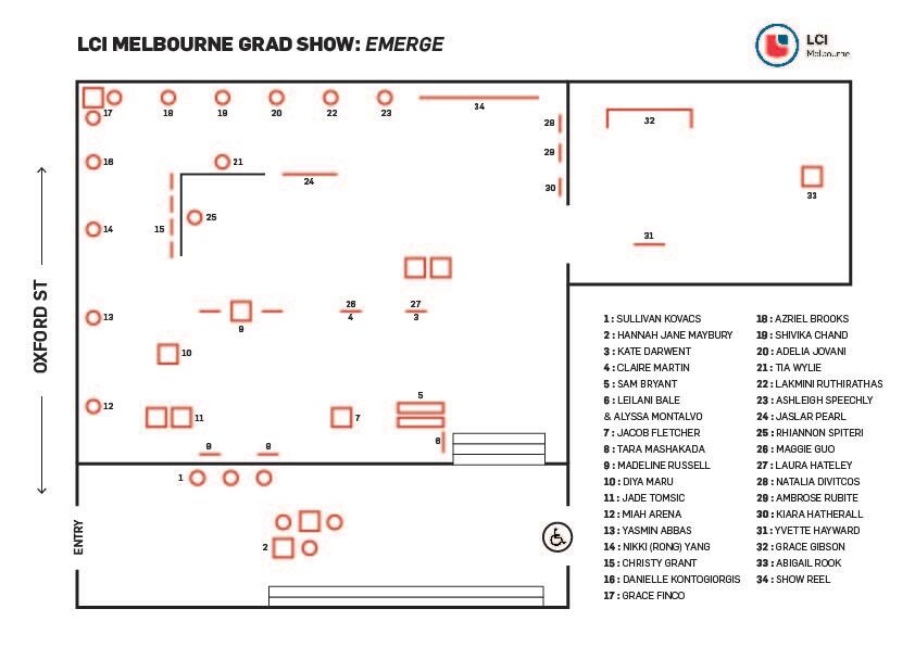 A schematic layout of LCI Melbourne's graduate exhibition titled "EMERGE," featuring numbered exhibit locations corresponding to a list of graduates.