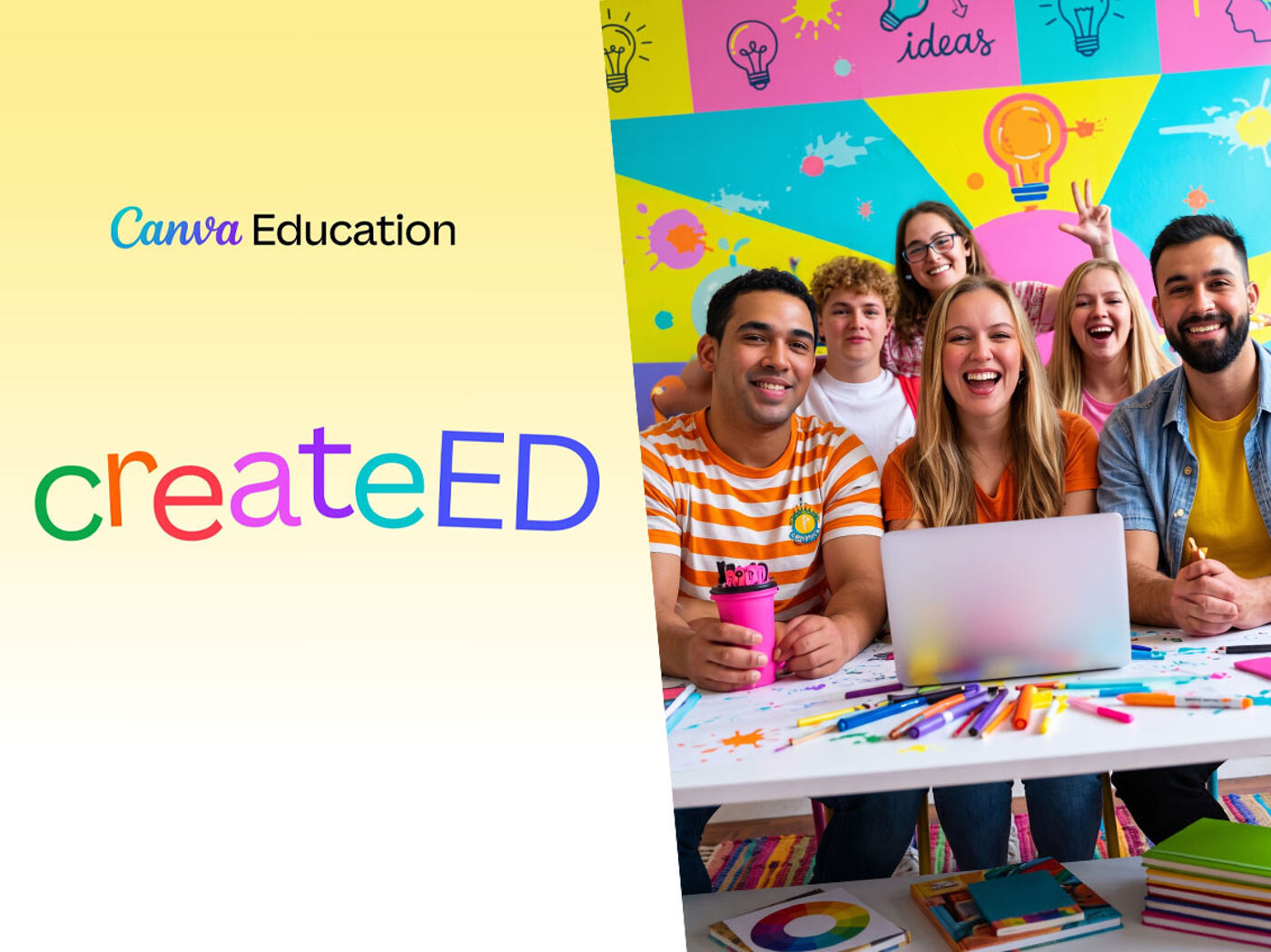 This is an advertisement for Canva Education, featuring a diverse group of smiling students engaged with a laptop and art supplies, celebrating creativity and collaboration.