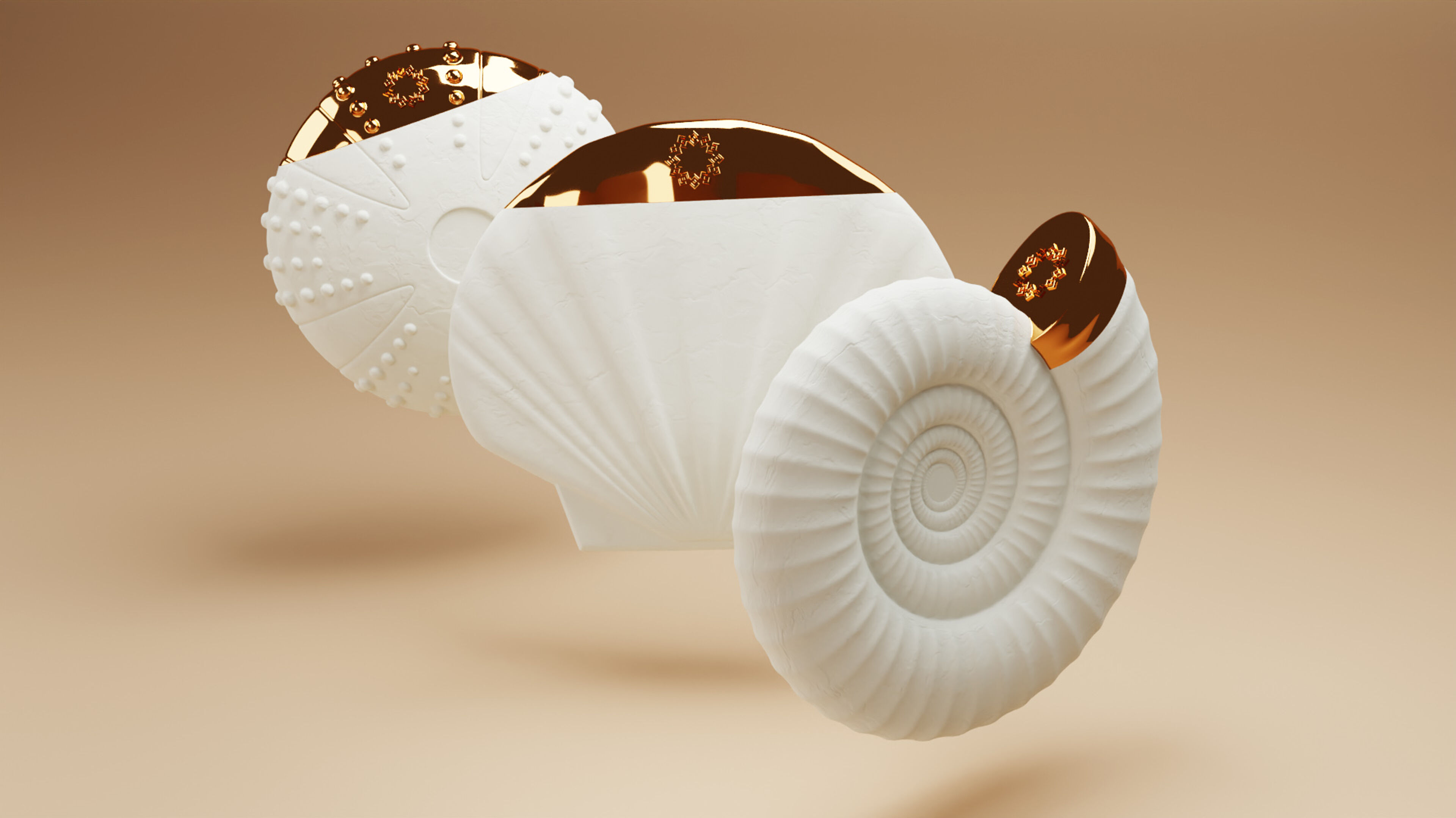 A conceptual artwork of three seashells with intricate golden accents, evoking a blend of nature and luxury.