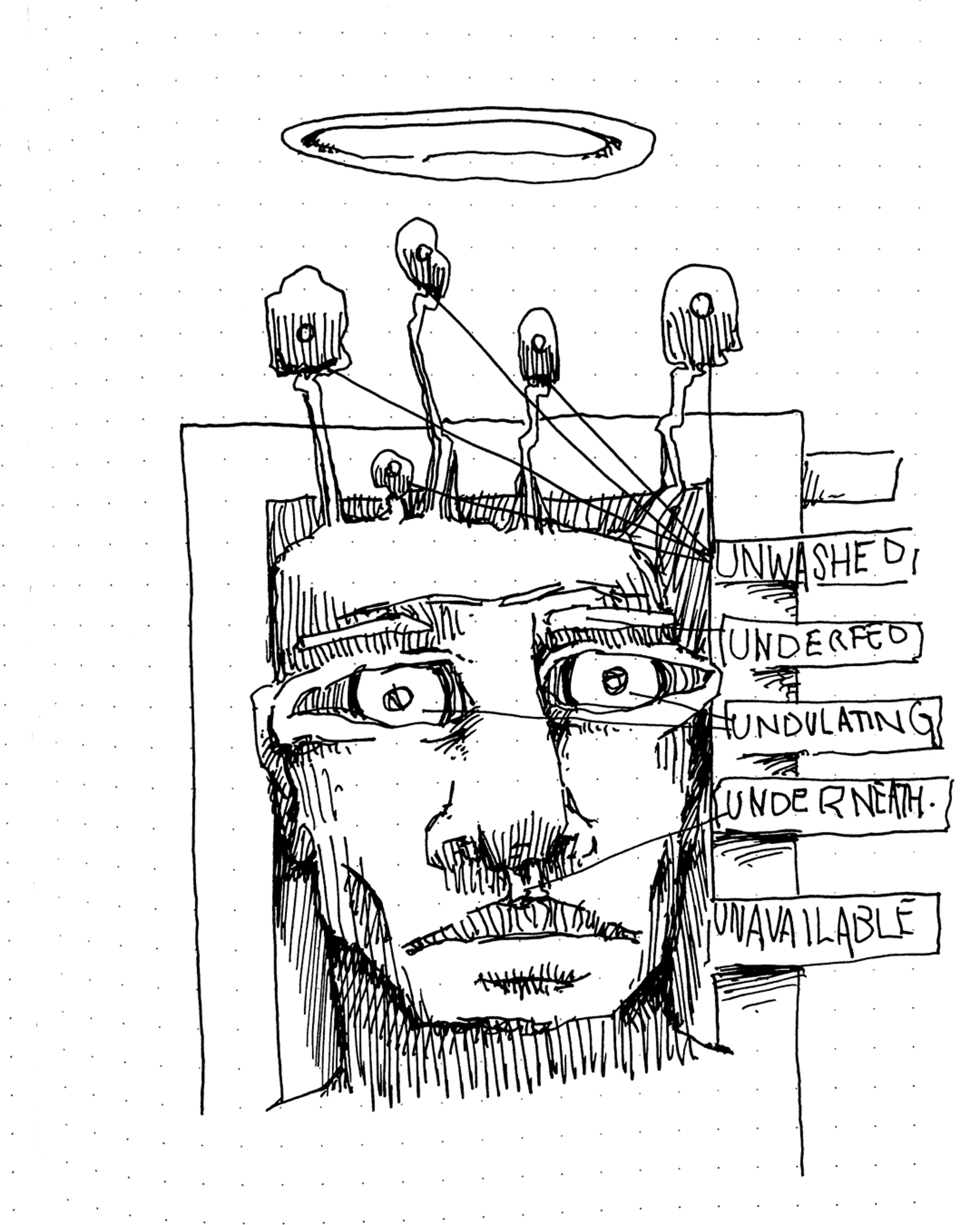 A sketched portrait of a contemplative face with an abstract halo overhead and disconnected words on the side, suggesting introspection.