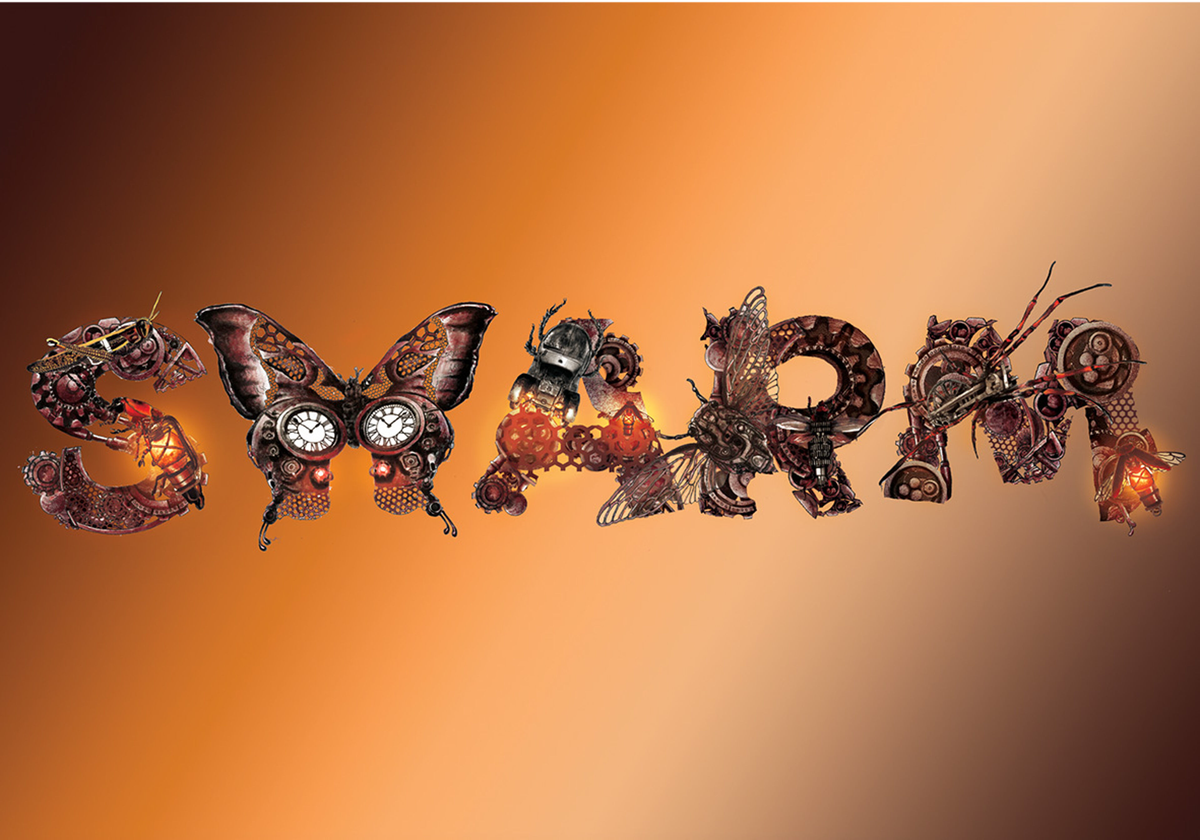 A decorative word 'SWARM' crafted in a steampunk style, with each letter formed from mechanical insects and gears on a warm gradient background.