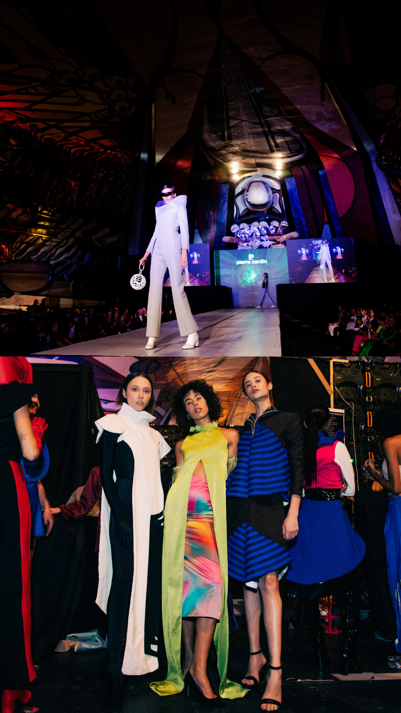 A vertically oriented image shows a fashion show, featuring a model on a runway in a white jumpsuit and several models posing backstage in vibrant, avant-garde clothing.