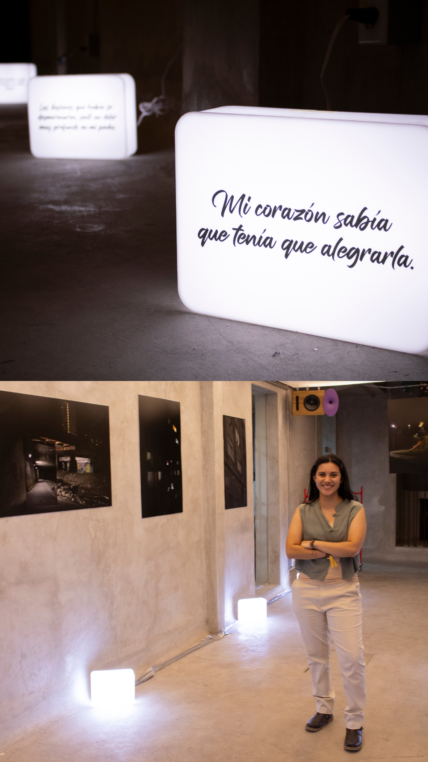The image shows two scenes: the top features illuminated boxes with Spanish text, while the bottom depicts a woman standing in an art gallery with photographs on the wall and similar illuminated boxes on the floor.