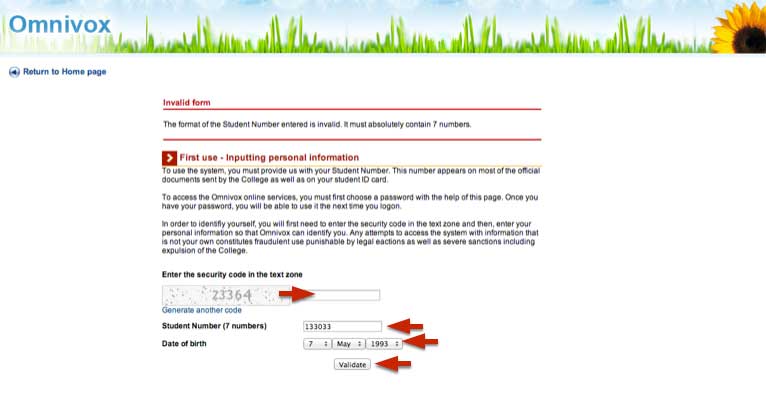 Captura de pantalla del error de registro en Omnivox