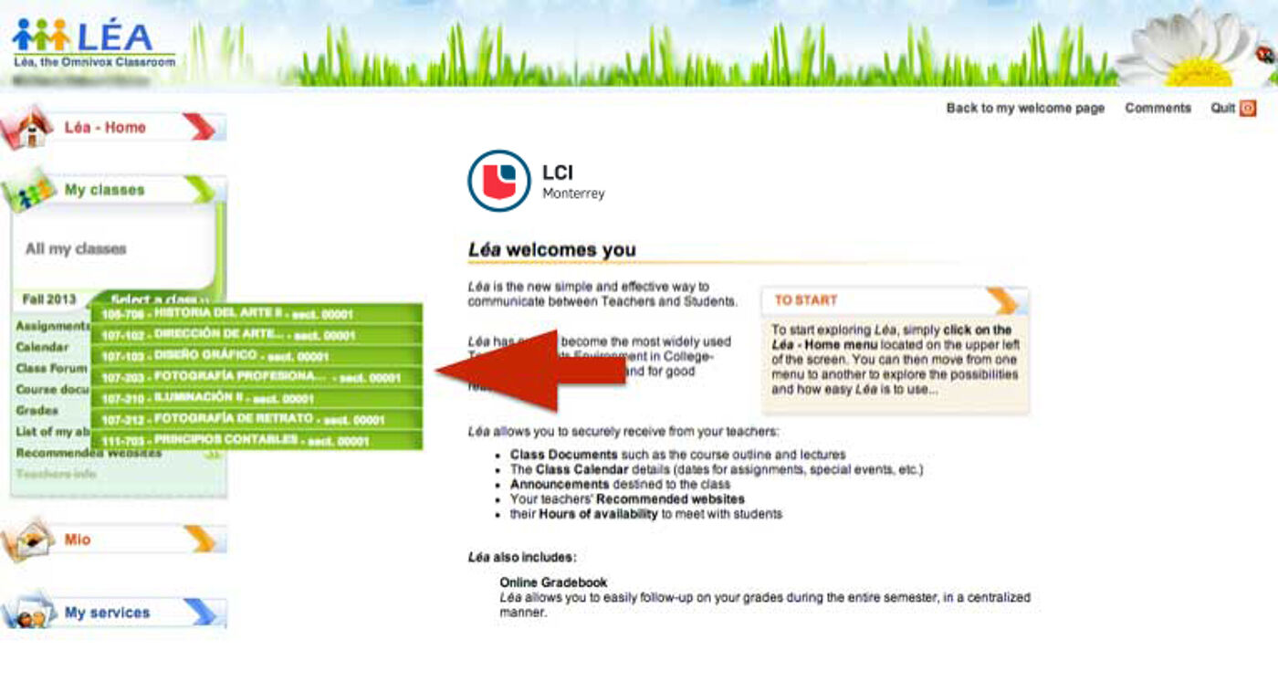 Interface of 'Léa', an educational platform, with a red arrow pointing to a list of classes, assignment management, and gradebook features.