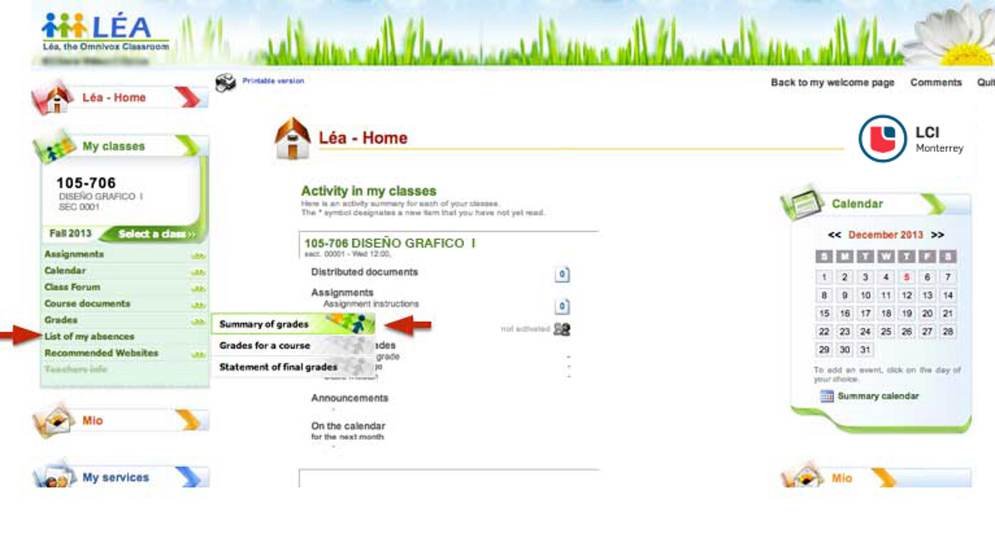 Screenshot of "LÉA", an educational platform, with a red arrow pointing to the 'Summary of Grades' button on a student's homepage.