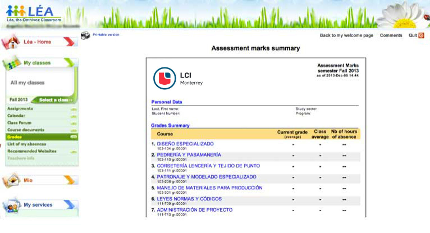 A student's grade summary on the LÉA educational portal, displaying courses and grades.