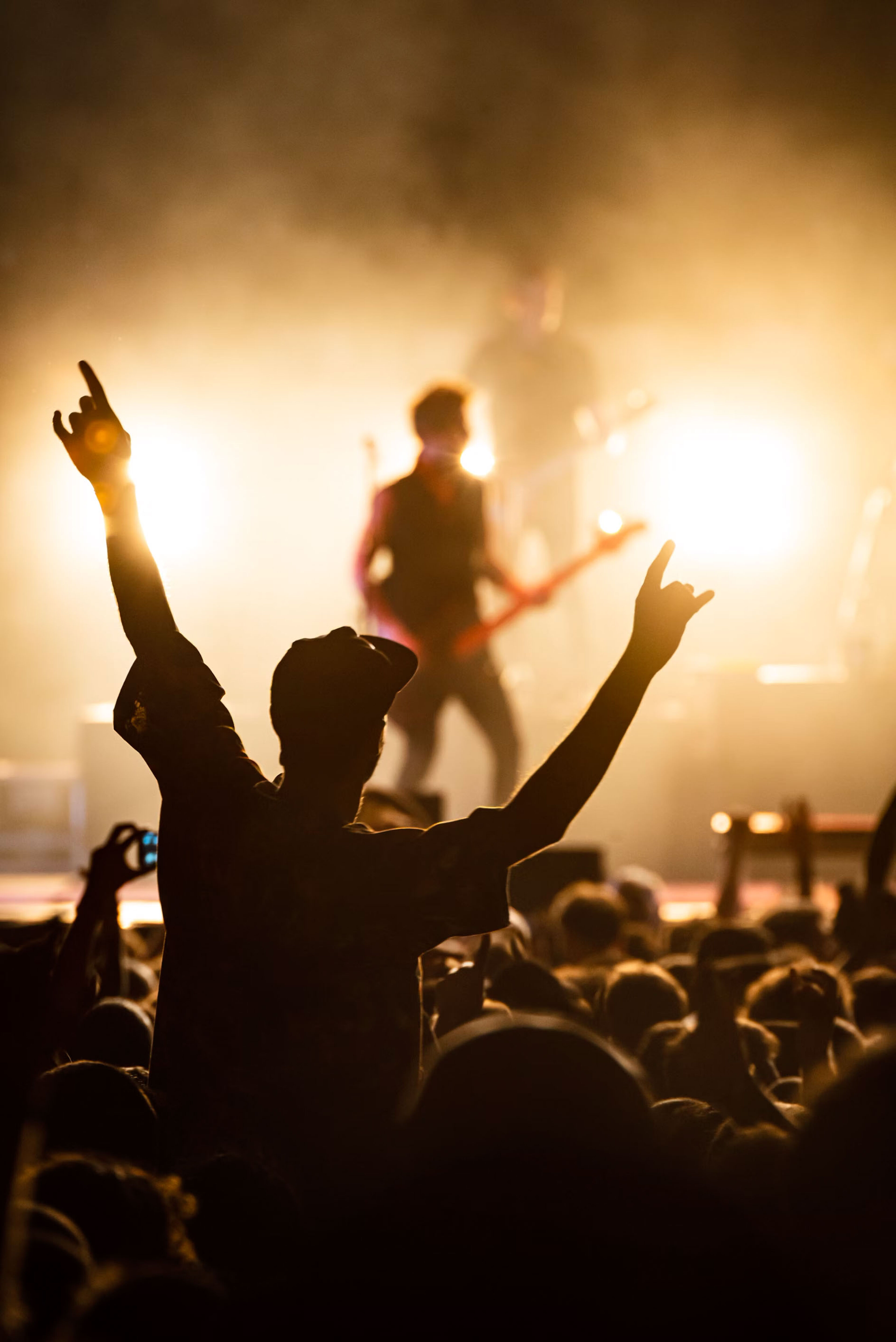 Silhouette d'une personne profitant d'un concert en direct, les mains en l'air, avec un artiste sur scène en arrière-plan.